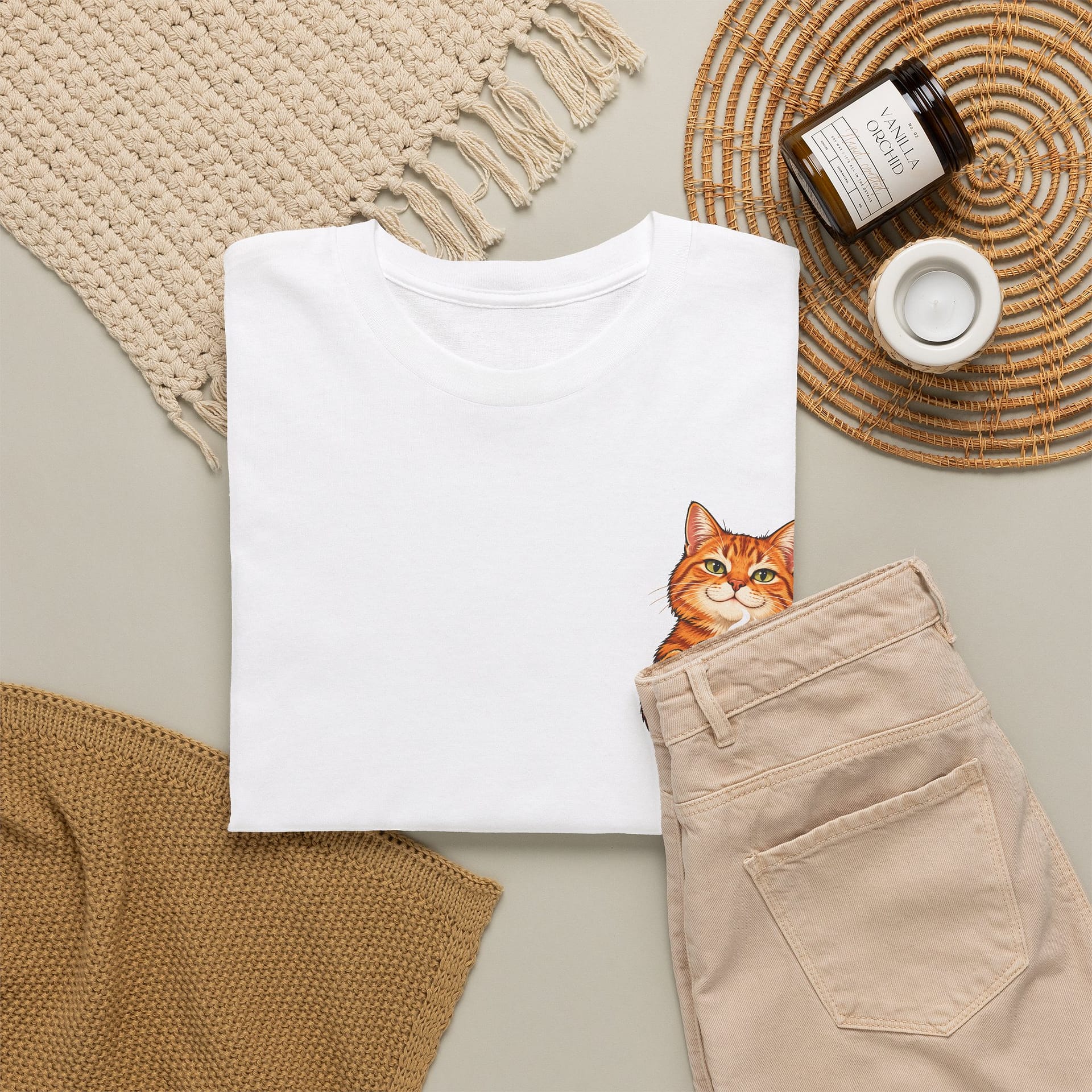 Close‑up of orange cat holding coffee mug graphic on T‑shirt