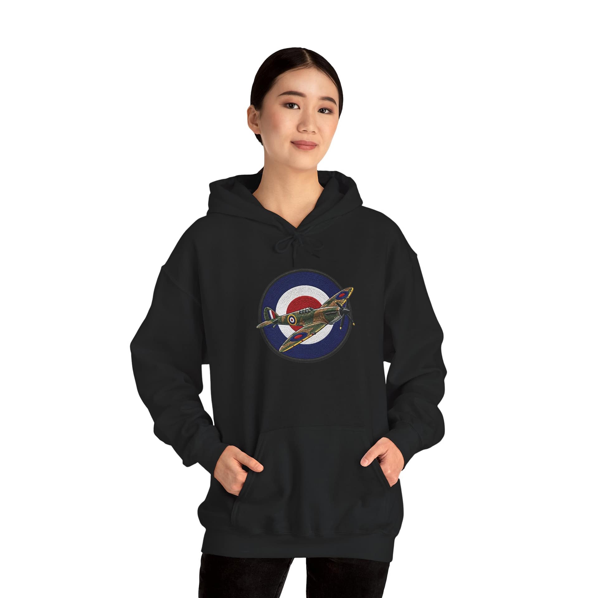 Model wearing Spitfire Vintage RAF Roundel Hoodie with WWII fighter plane artwork