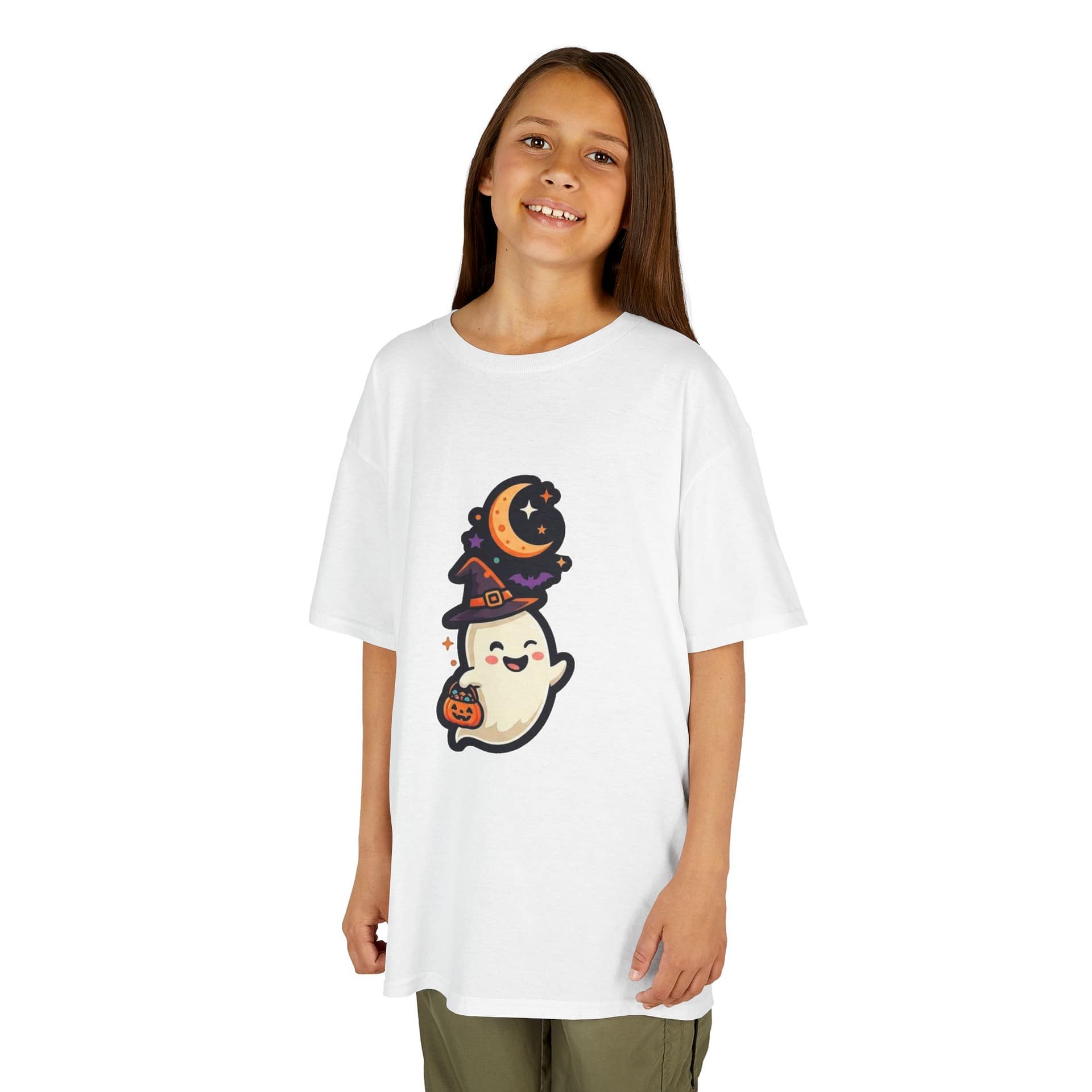 model wearing kids halloween ghost t‑shirt