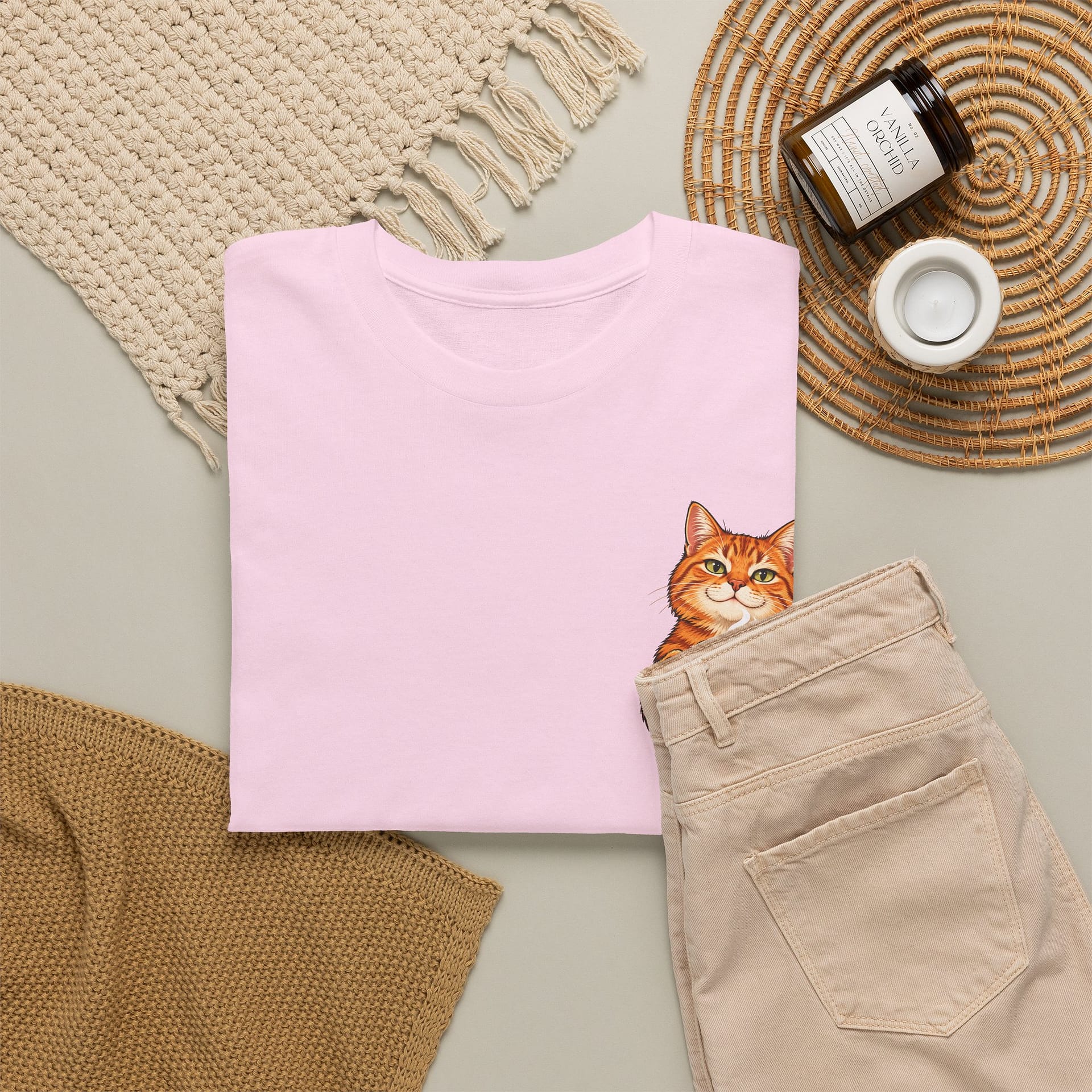 FClose‑up of orange cat holding coffee mug graphic on T‑shirt