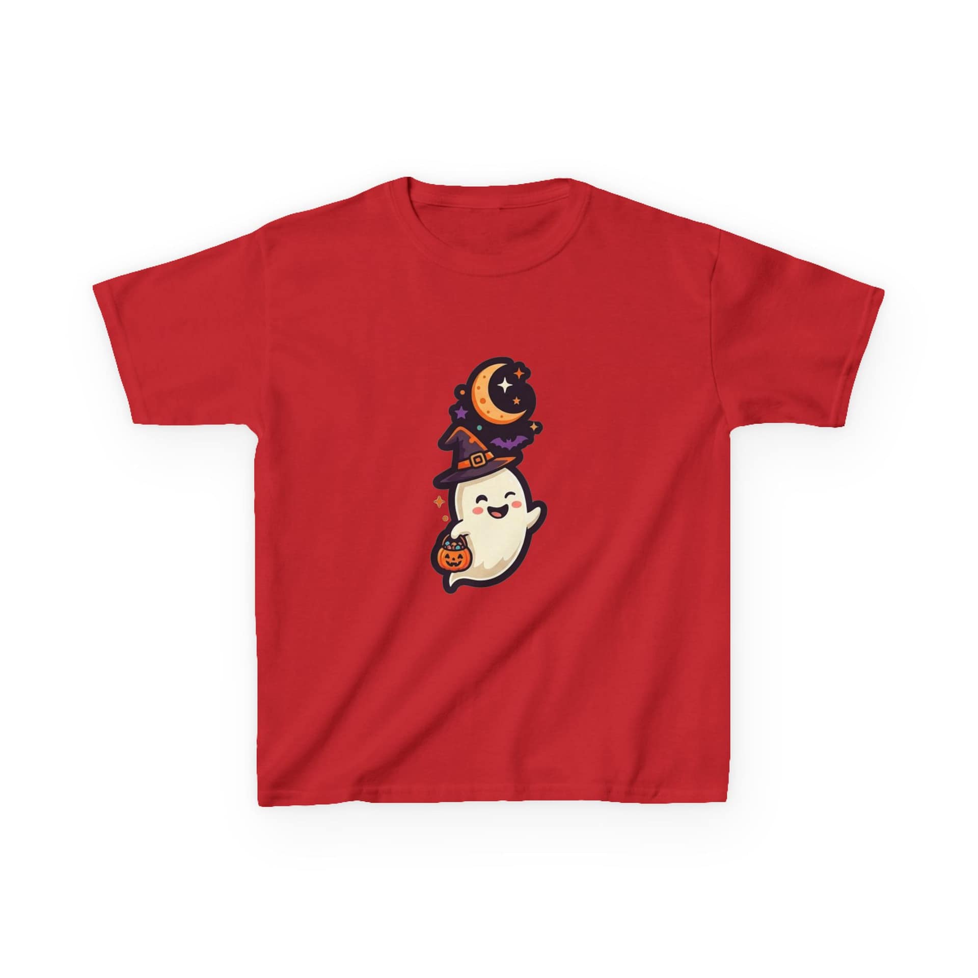 kids halloween ghost t‑shirt with witch hat and pumpkin design