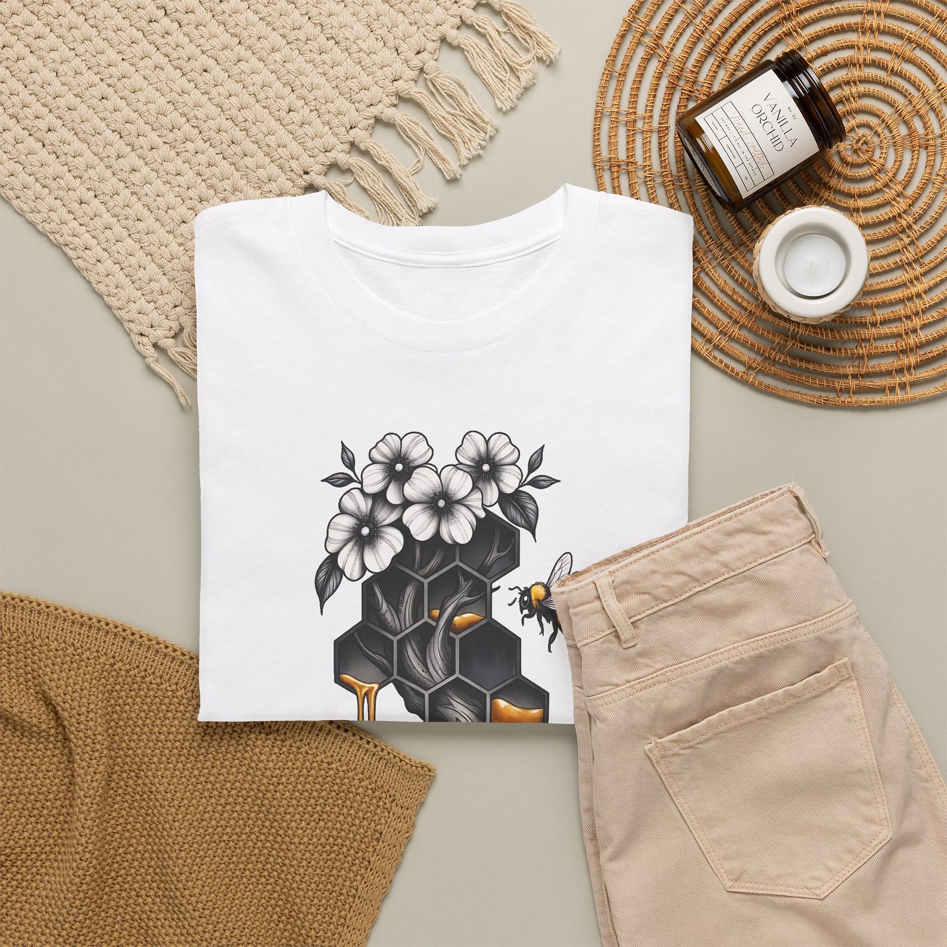 Honeycomb & Blossoms T-Shirt — Floral Bee Graphic Tee - Image 4