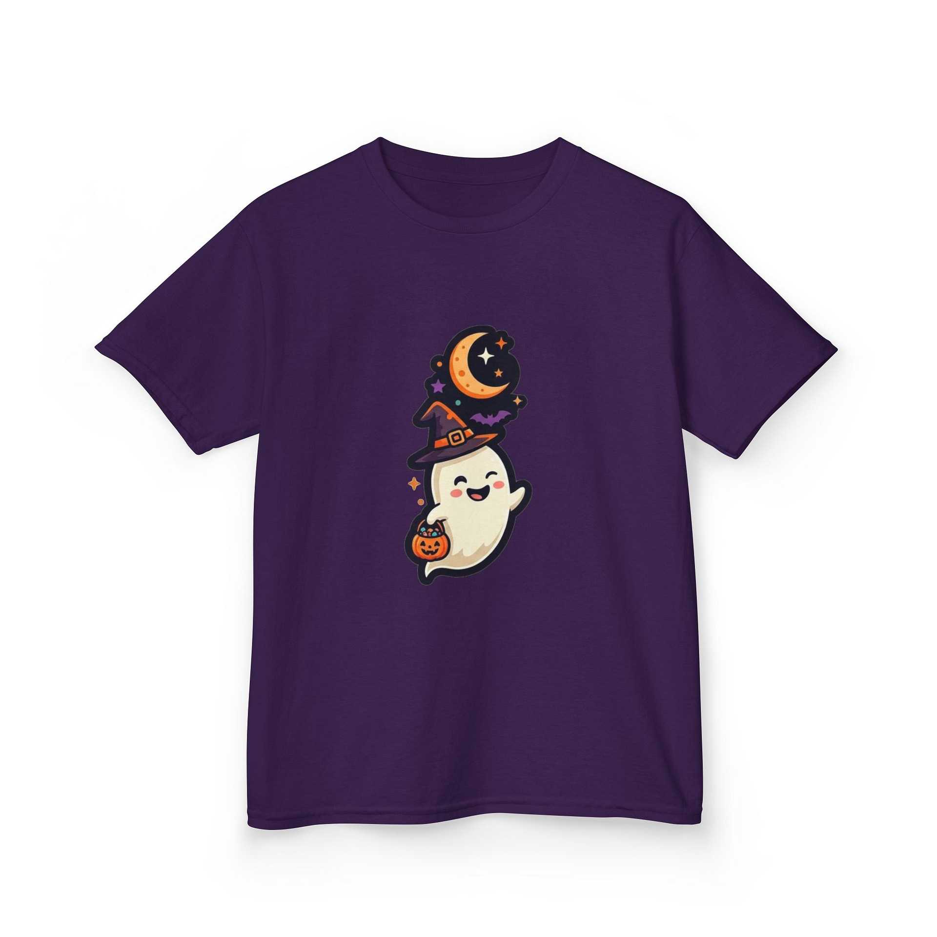 kids halloween ghost t‑shirt with witch hat and pumpkin design