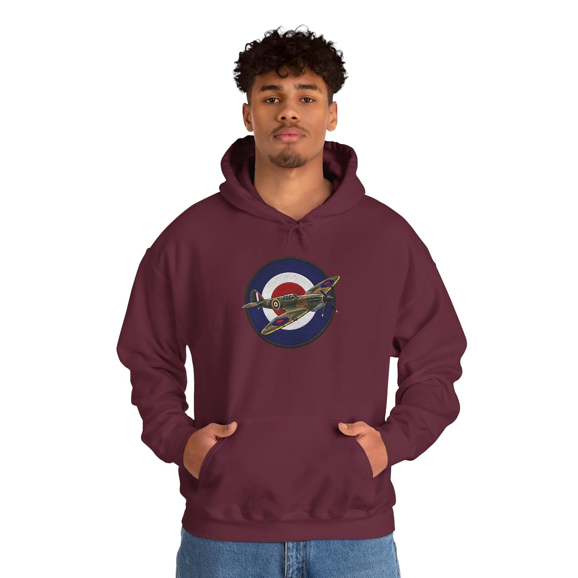 Model wearing Spitfire Vintage RAF Roundel Hoodie with WWII fighter plane artwork