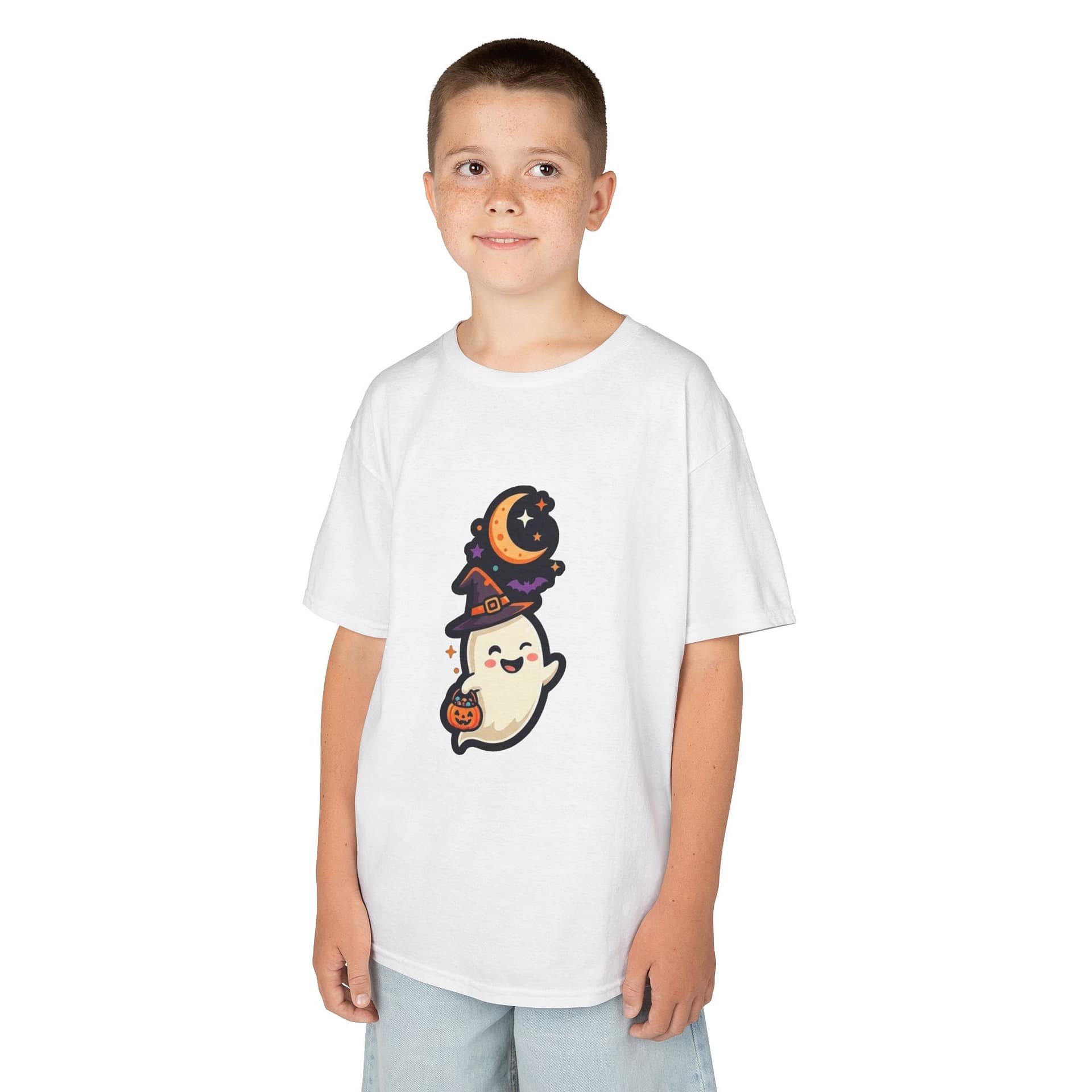model wearing kids halloween ghost t‑shirt