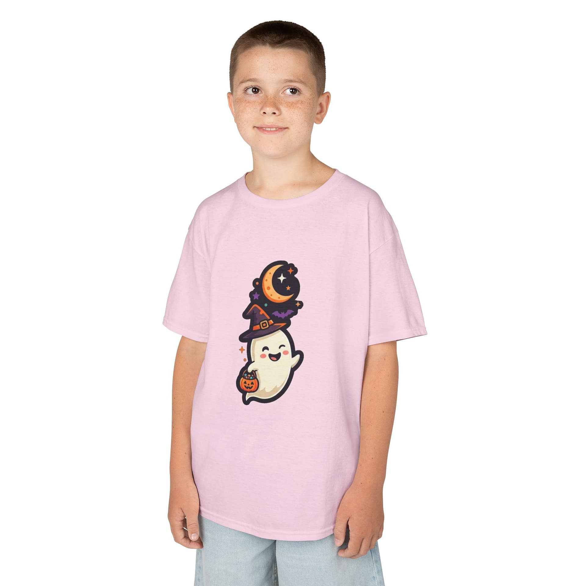 model wearing kids halloween ghost t‑shirt