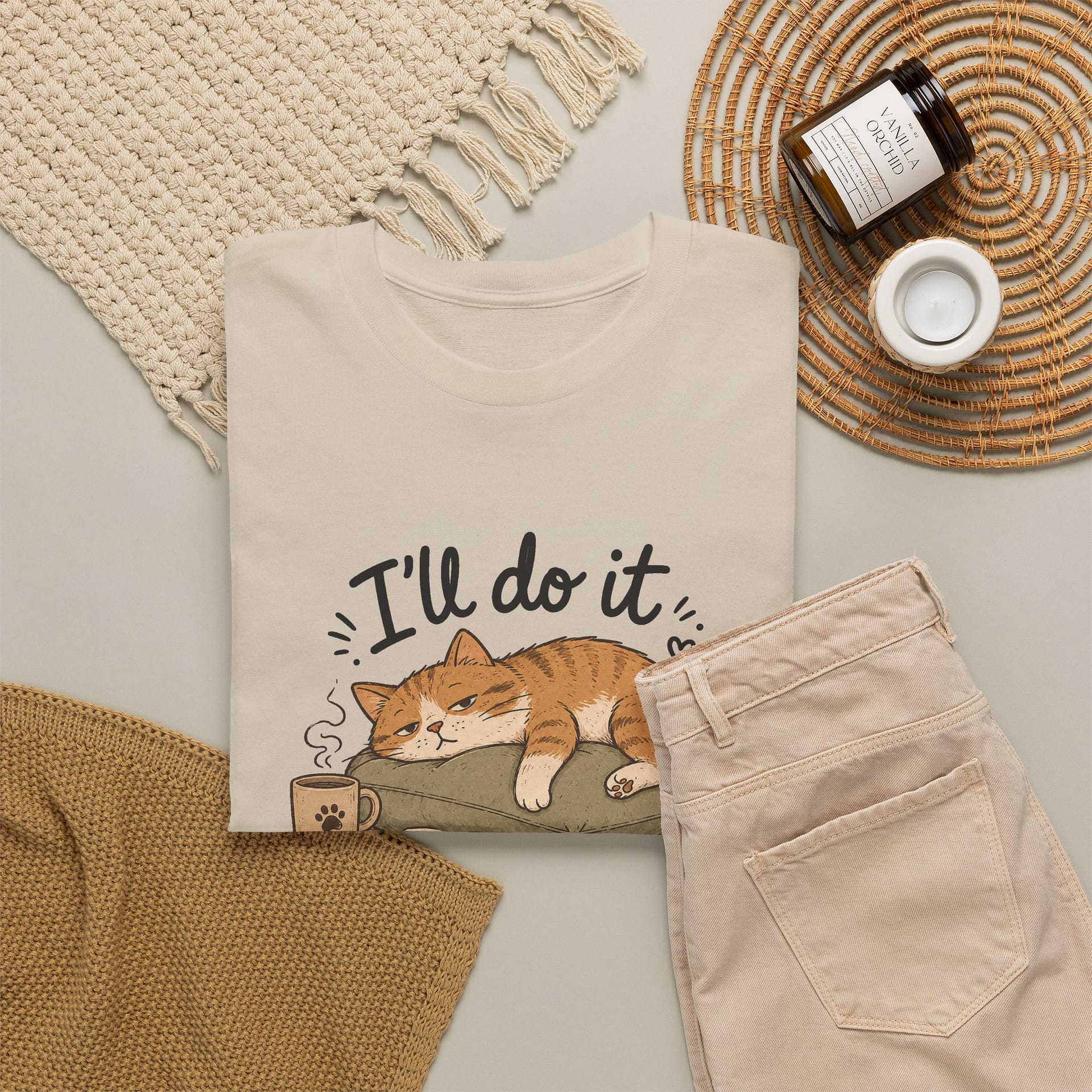 Lazy cat illustration printed on heavy cotton unisex T‑shirt