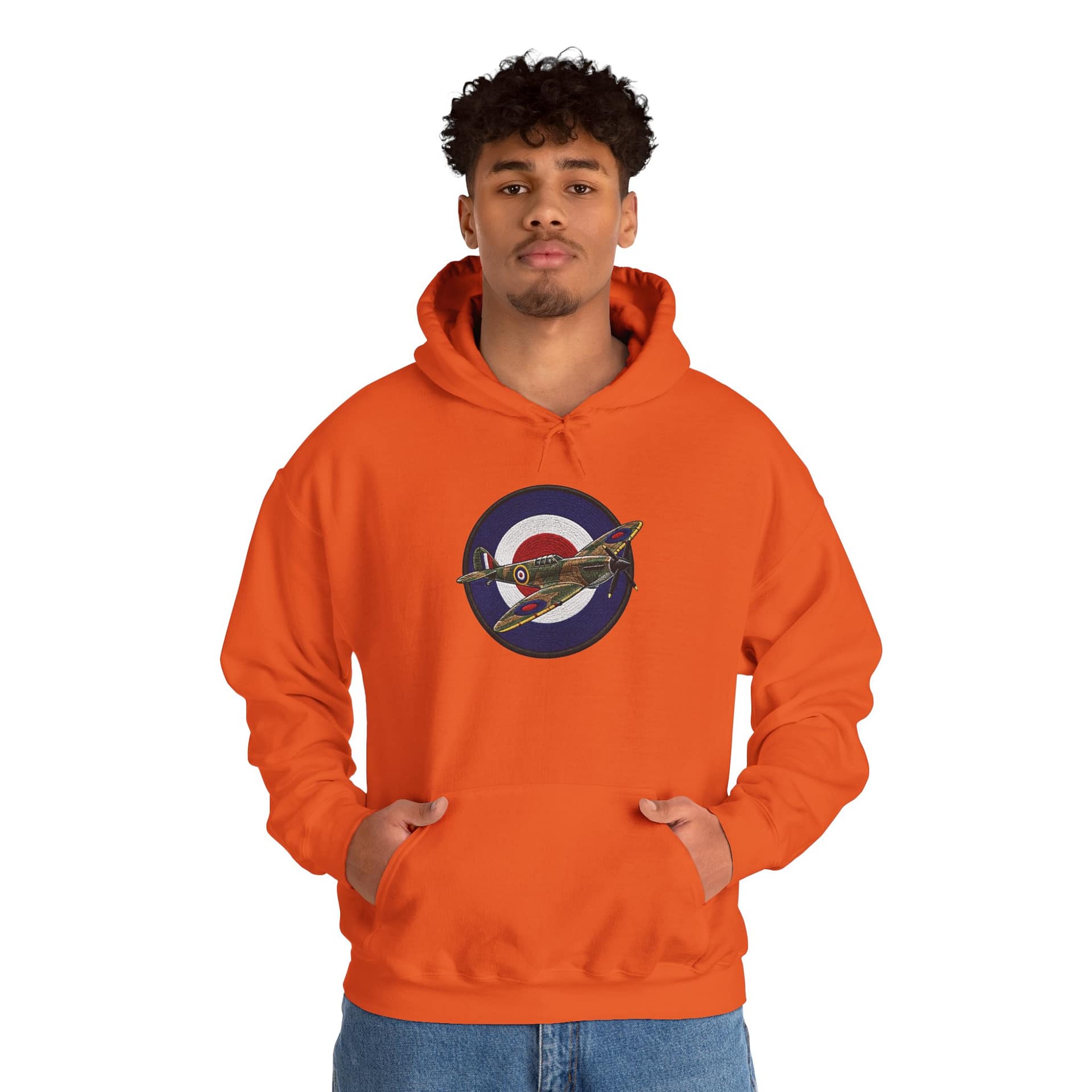 Model wearing Spitfire Vintage RAF Roundel Hoodie with WWII fighter plane artwork