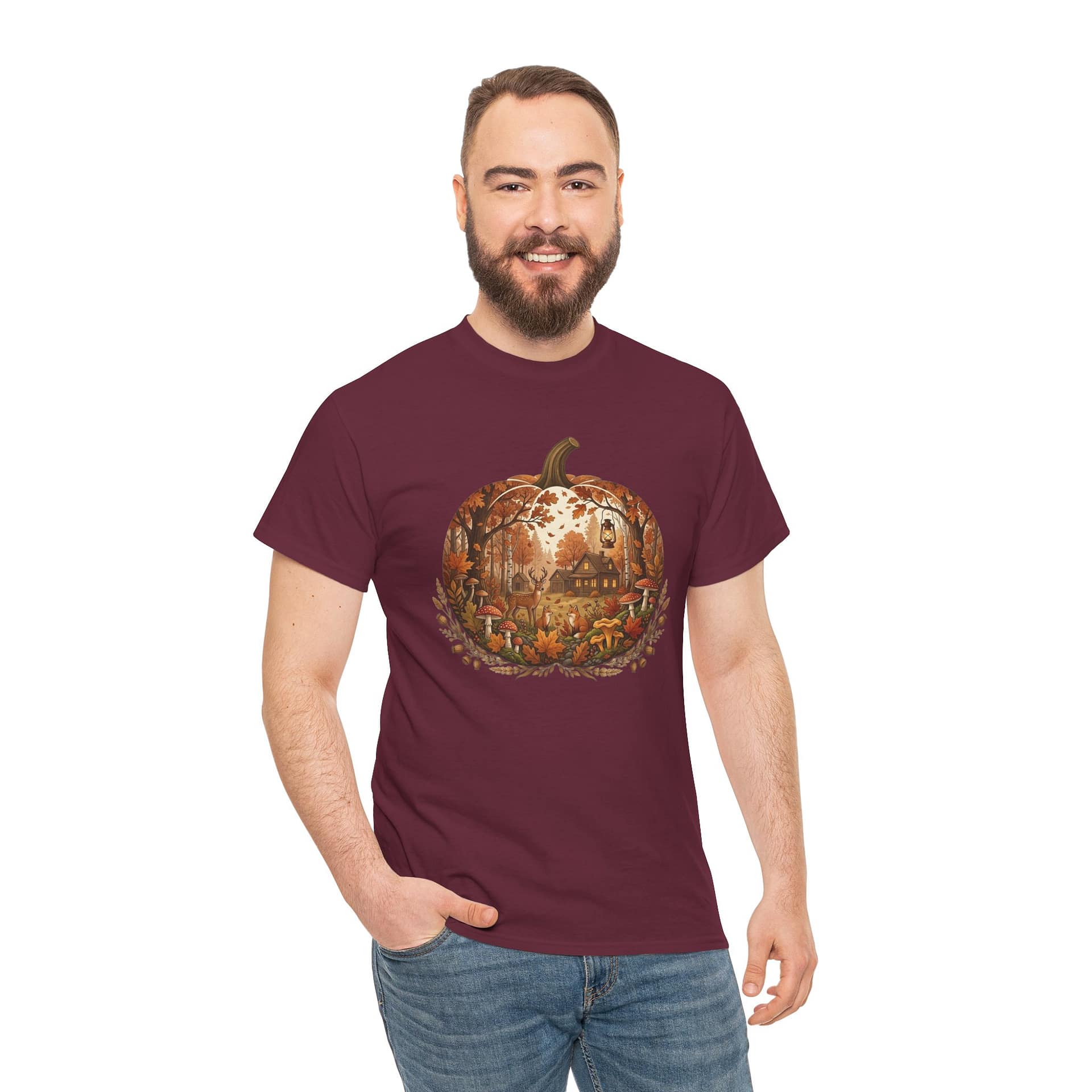Model wearing Autumn Pumpkin Scene T‑Shirt with cosy fall pumpkin artwork