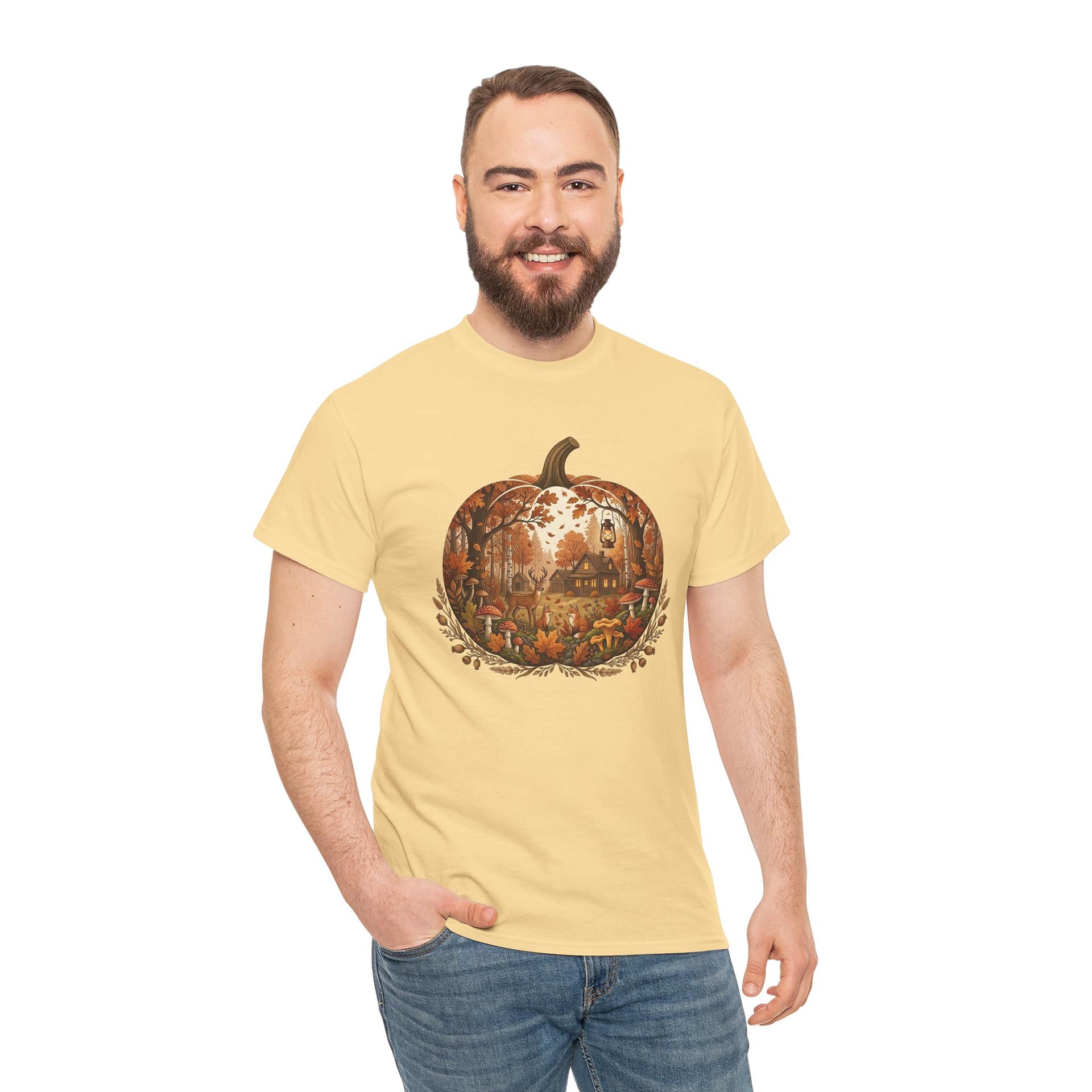 Model wearing Autumn Pumpkin Scene T‑Shirt with cosy fall pumpkin artwork