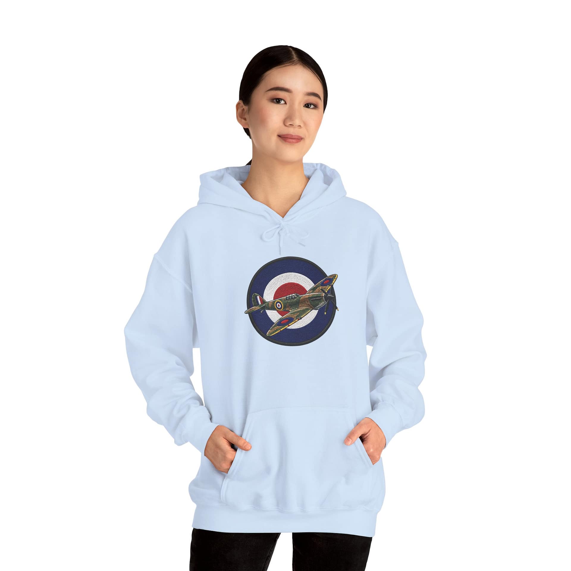 Model wearing Spitfire Vintage RAF Roundel Hoodie with WWII fighter plane artwork