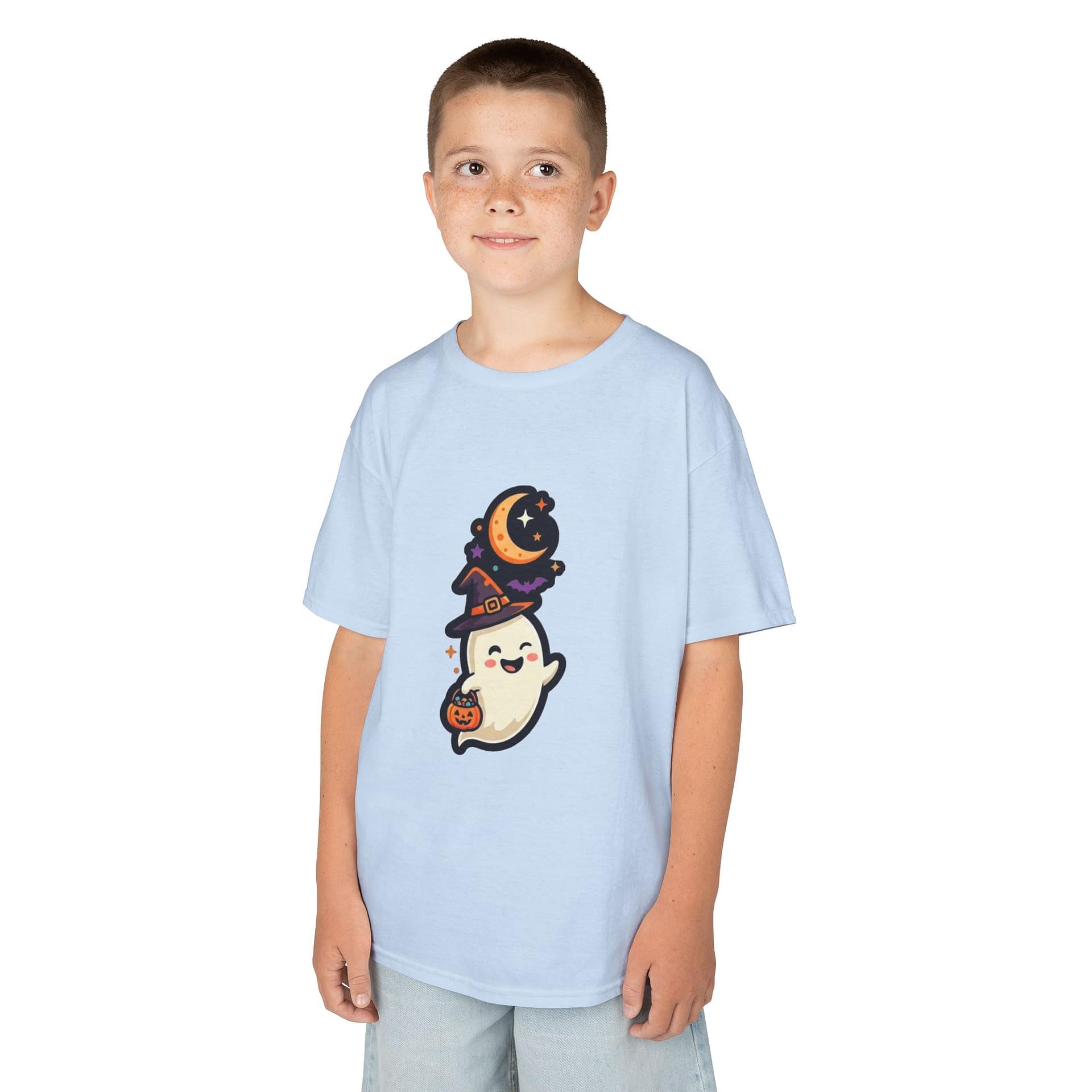 model wearing kids halloween ghost t‑shirt