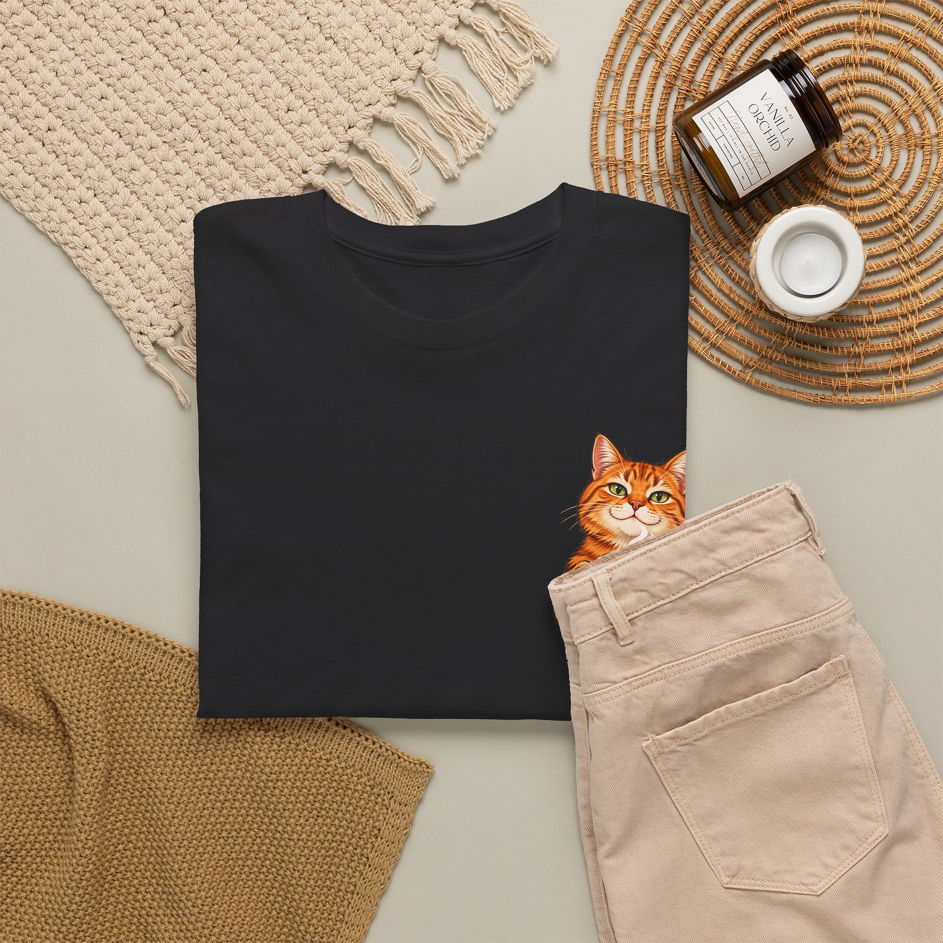 Close‑up of orange cat holding coffee mug graphic on T‑shirt