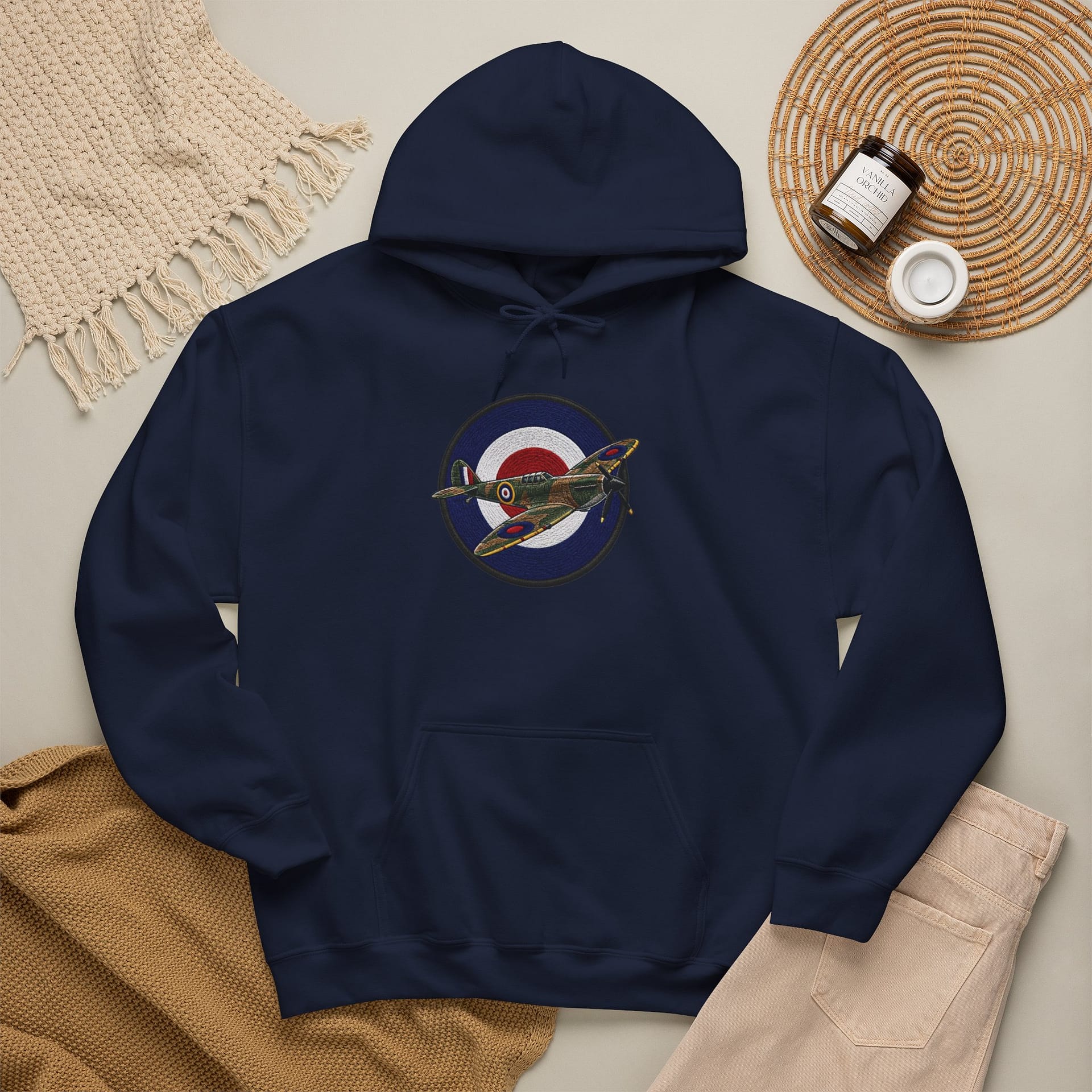 Spitfire Vintage RAF Roundel Hoodie flat lay showing retro aircraft design