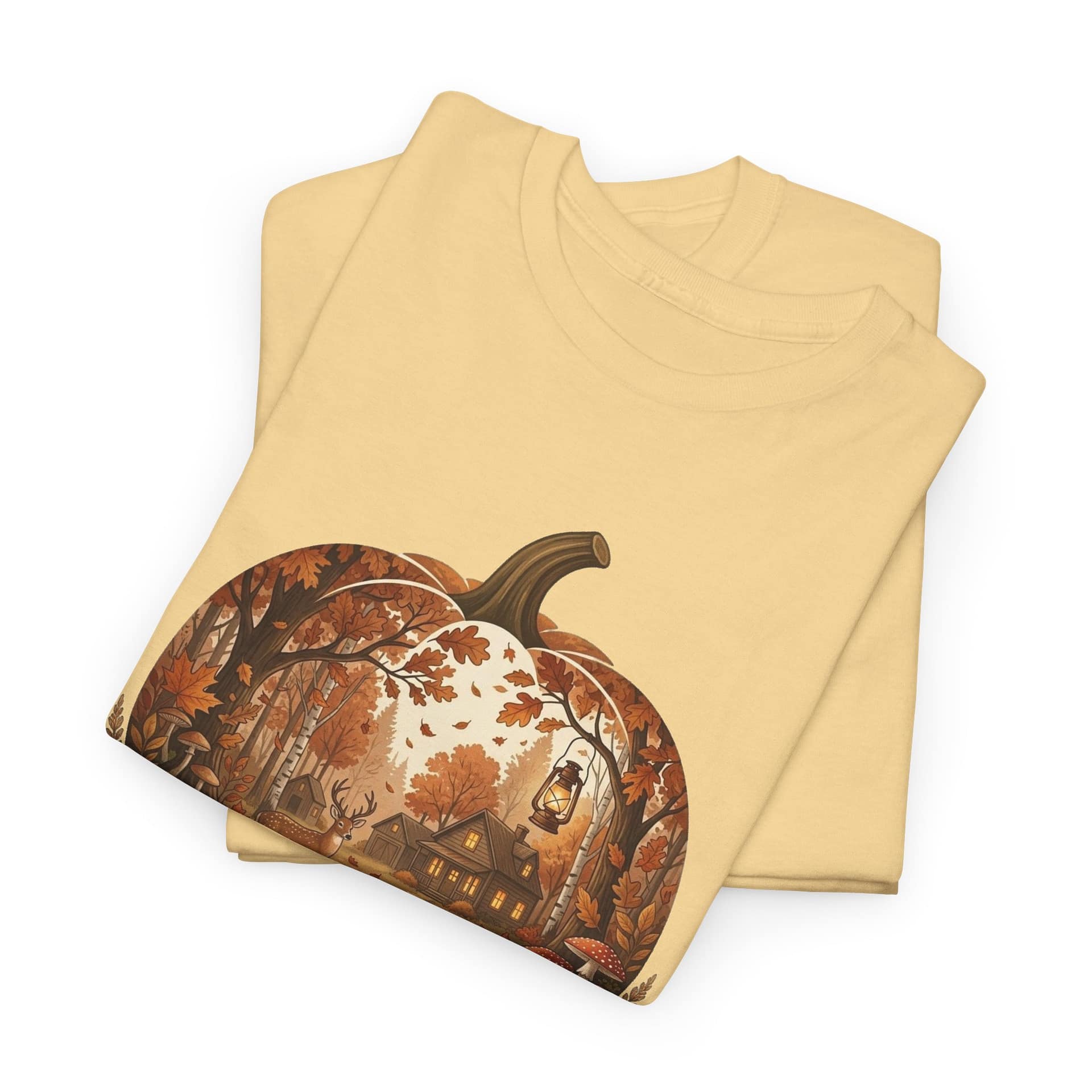 Flat lay of Autumn Pumpkin Scene T‑Shirt showing warm seasonal pumpkin design