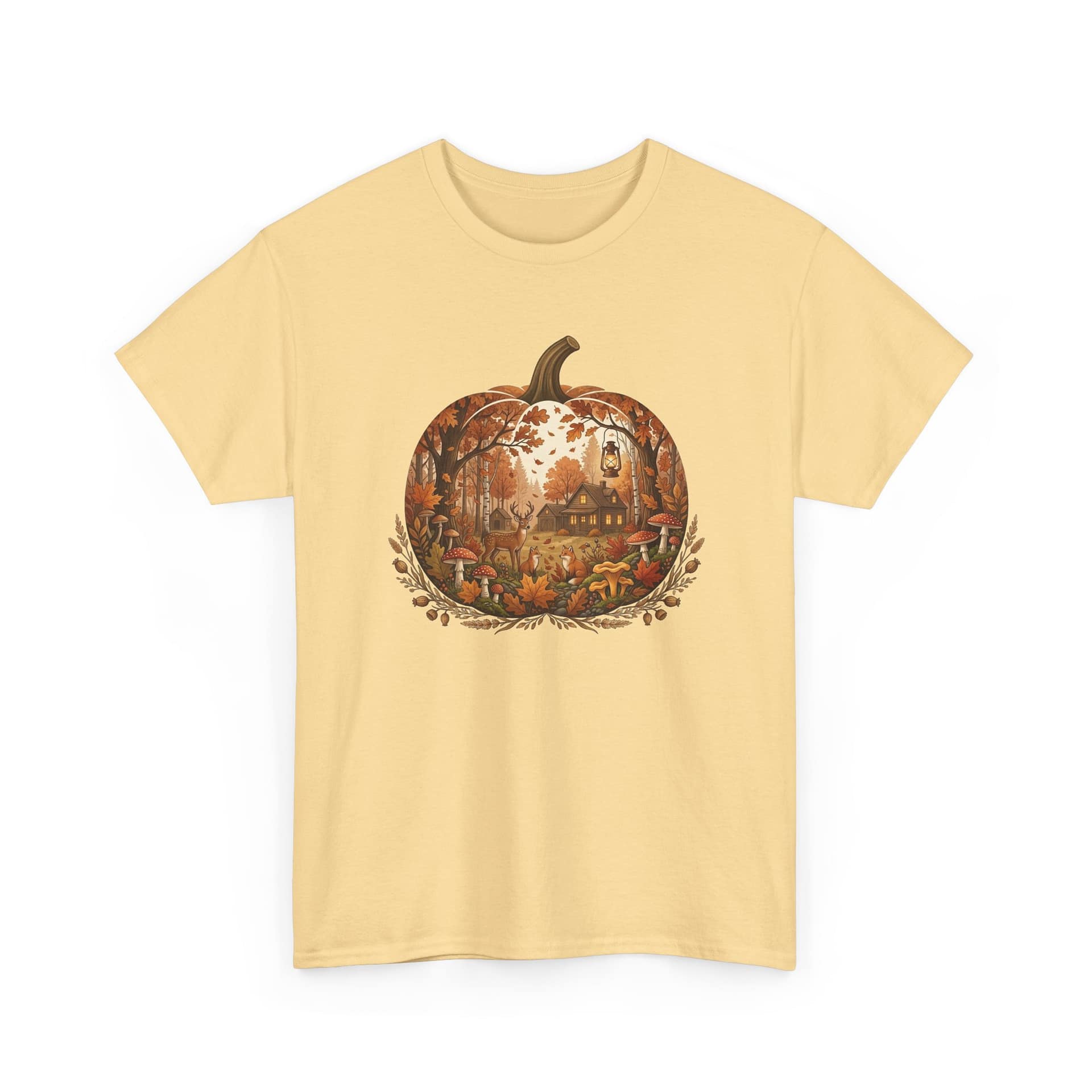Print detail of autumn pumpkin illustration on soft cotton T‑shirt