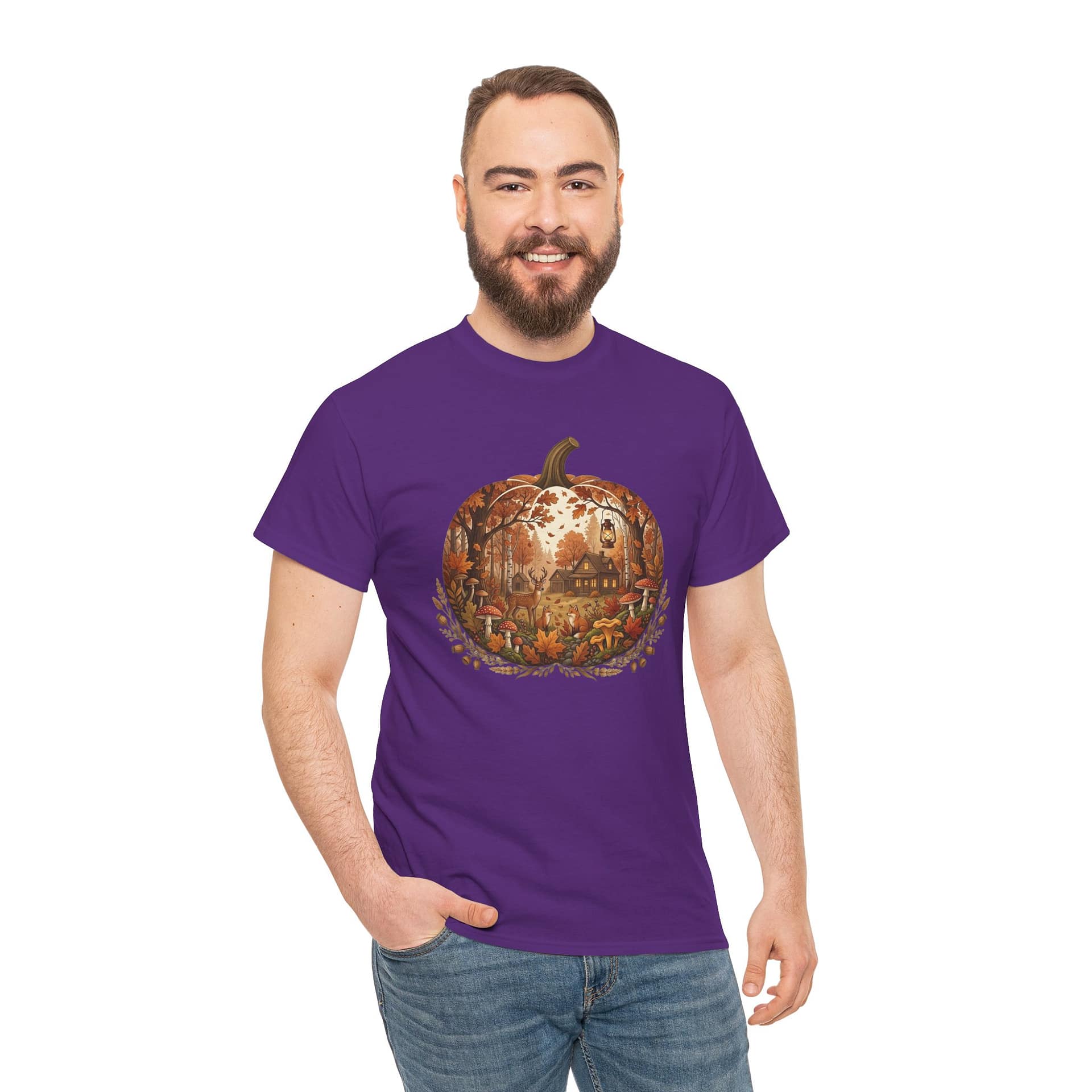 Model wearing Autumn Pumpkin Scene T‑Shirt with cosy fall pumpkin artwork