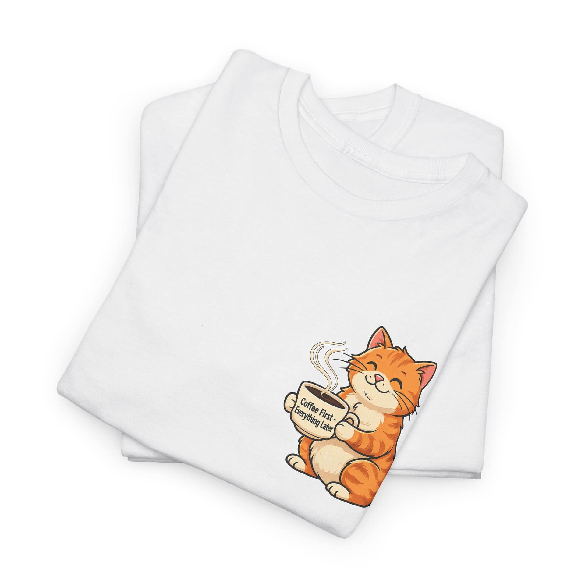 Cat with Coffee T‑Shirt — Cute Orange Kitty Holding Mug Graphic Tee - Image 3