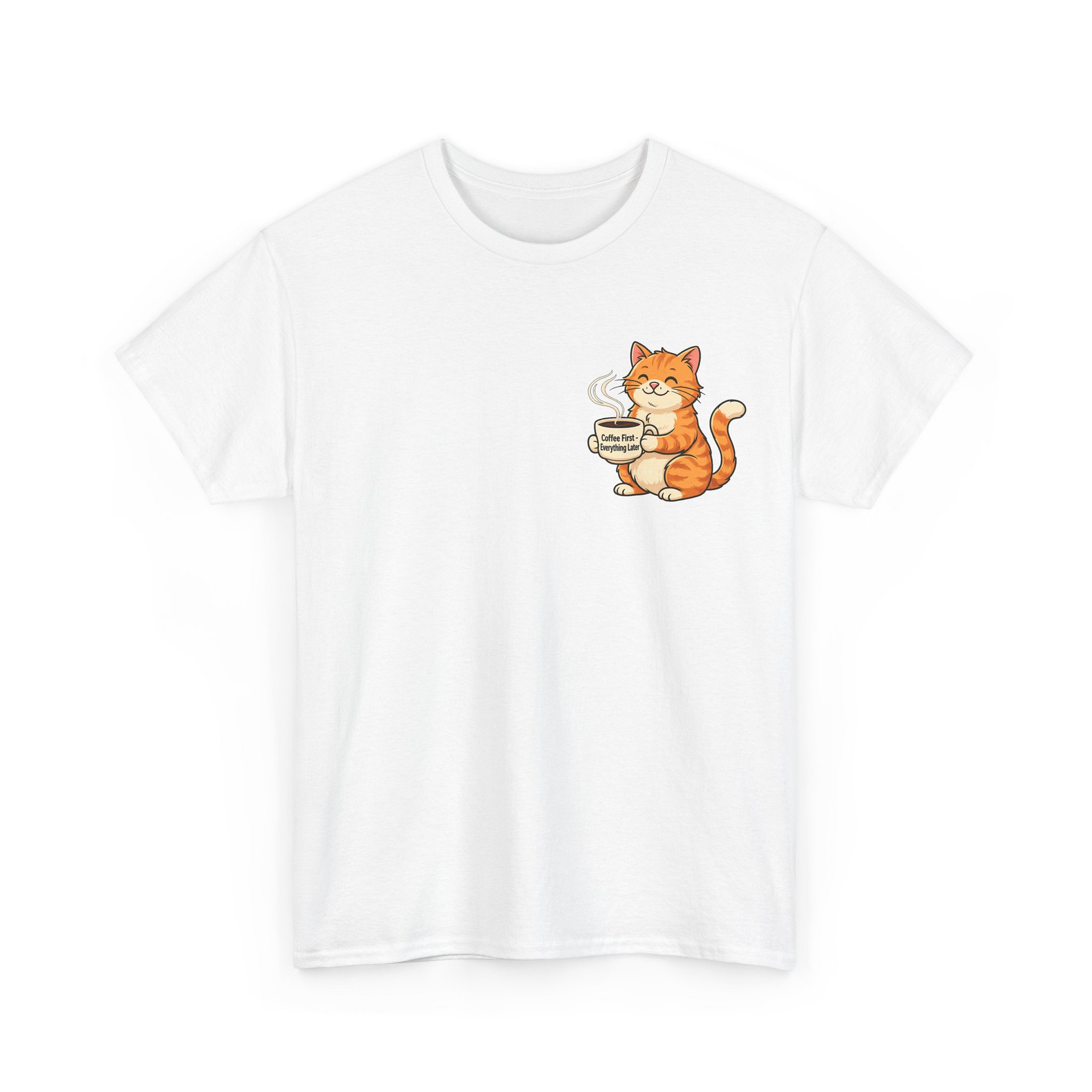 Cat with Coffee T‑Shirt — Cute Orange Kitty Holding Mug Graphic Tee