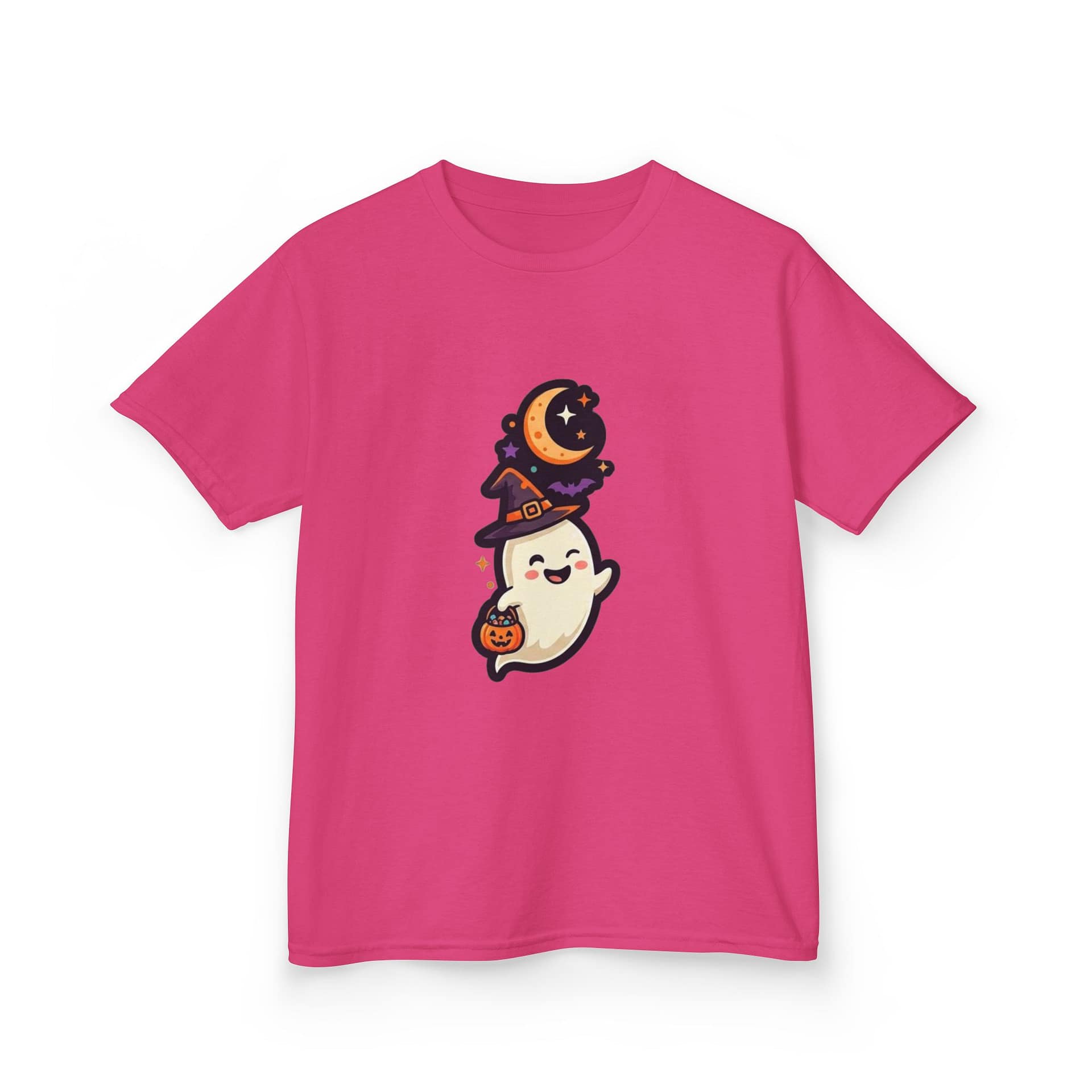 kids halloween ghost t‑shirt with witch hat and pumpkin design