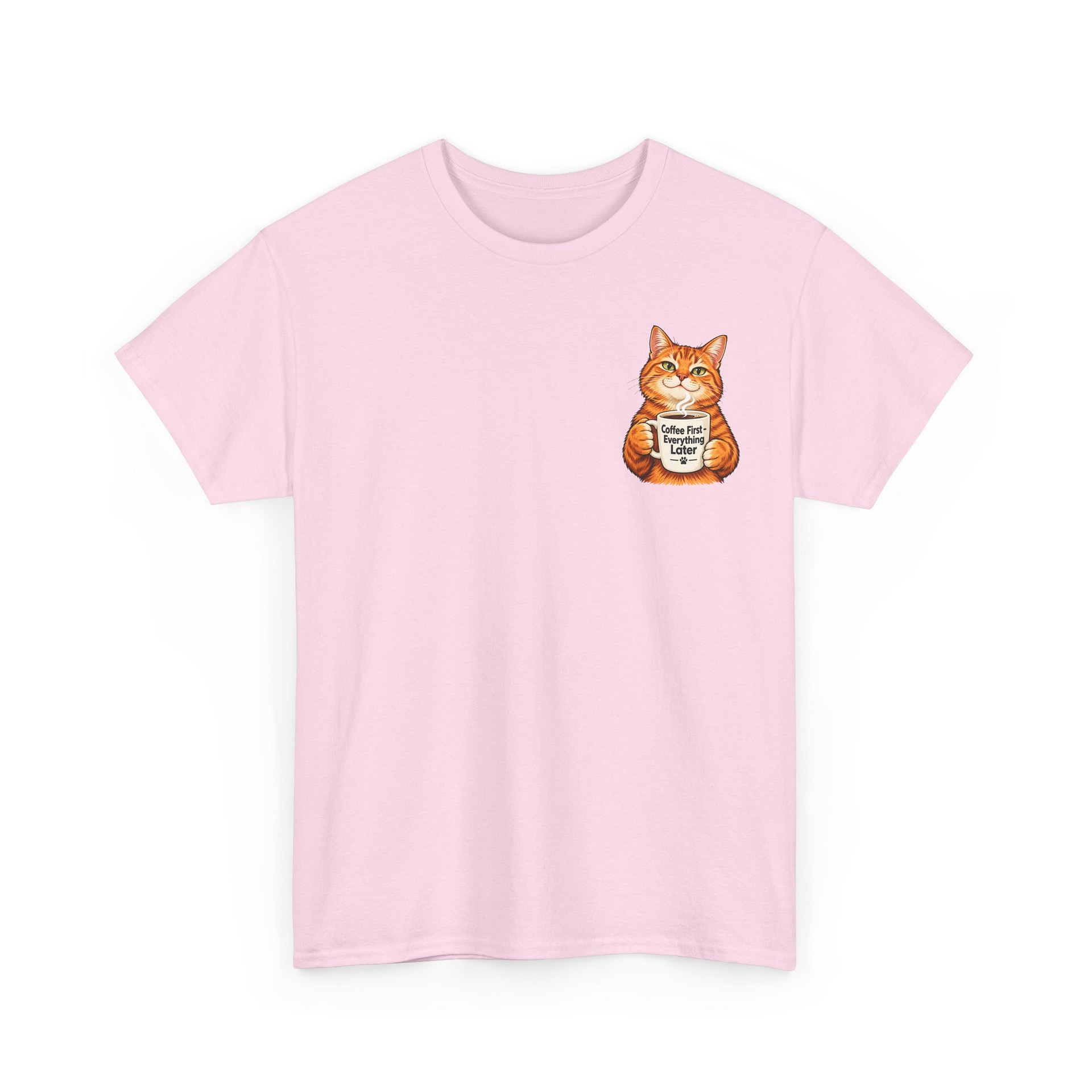 Cute orange cat holding a ‘But First Coffee’ mug printed on a unisex T‑shirt
