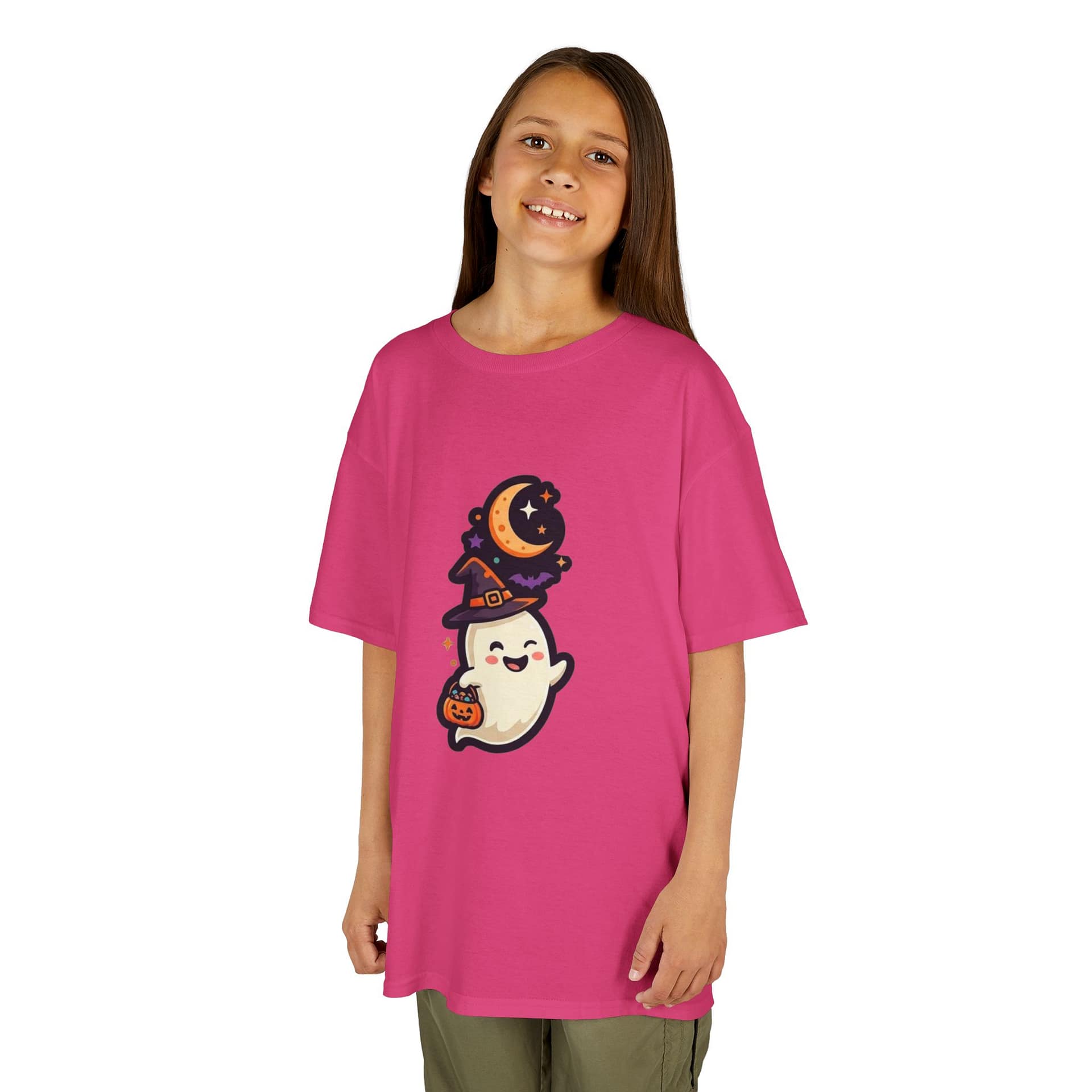 model wearing kids halloween ghost t‑shirt