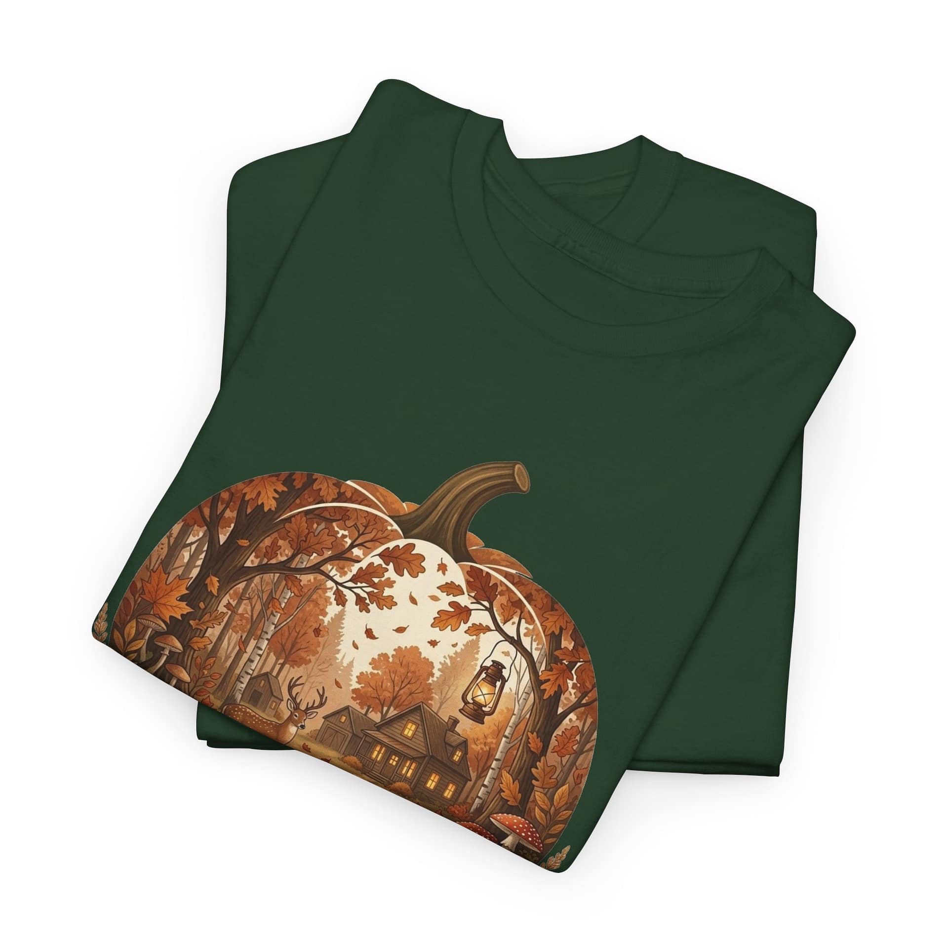Flat lay of Autumn Pumpkin Scene T‑Shirt showing warm seasonal pumpkin design