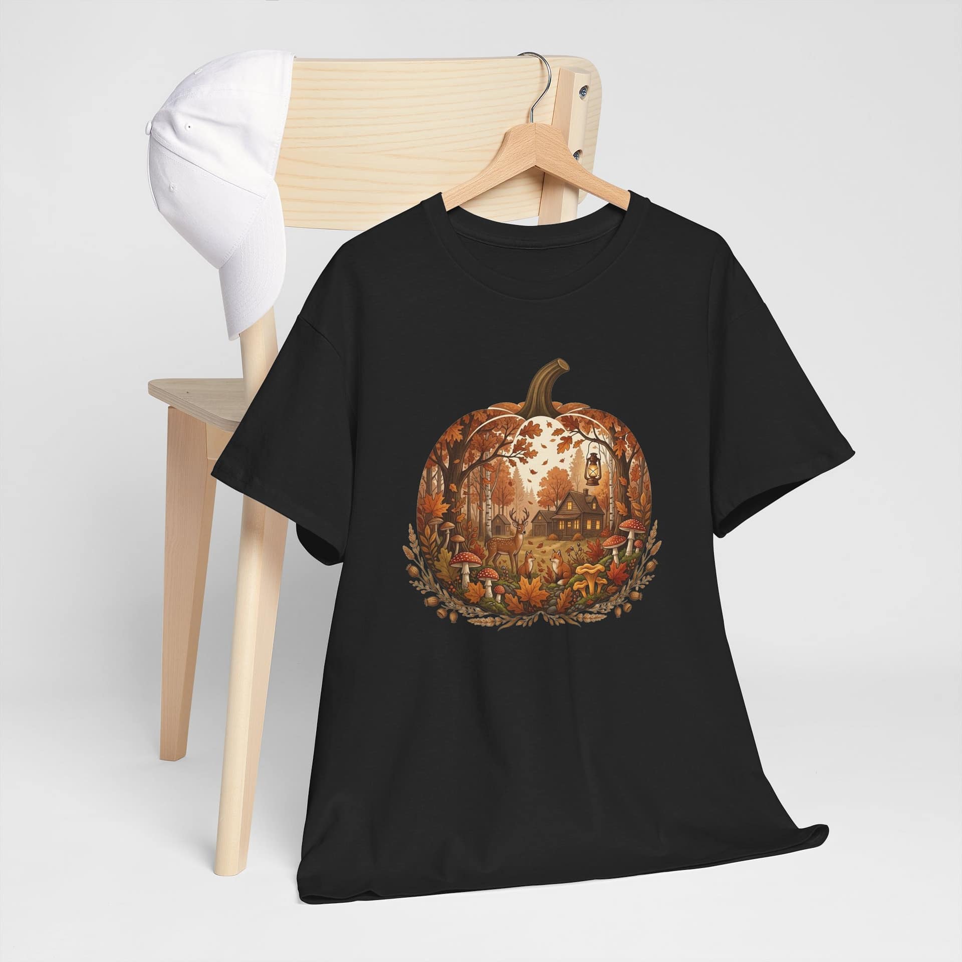 Close‑up of autumn pumpkin scene graphic on cosy fall T‑shirt