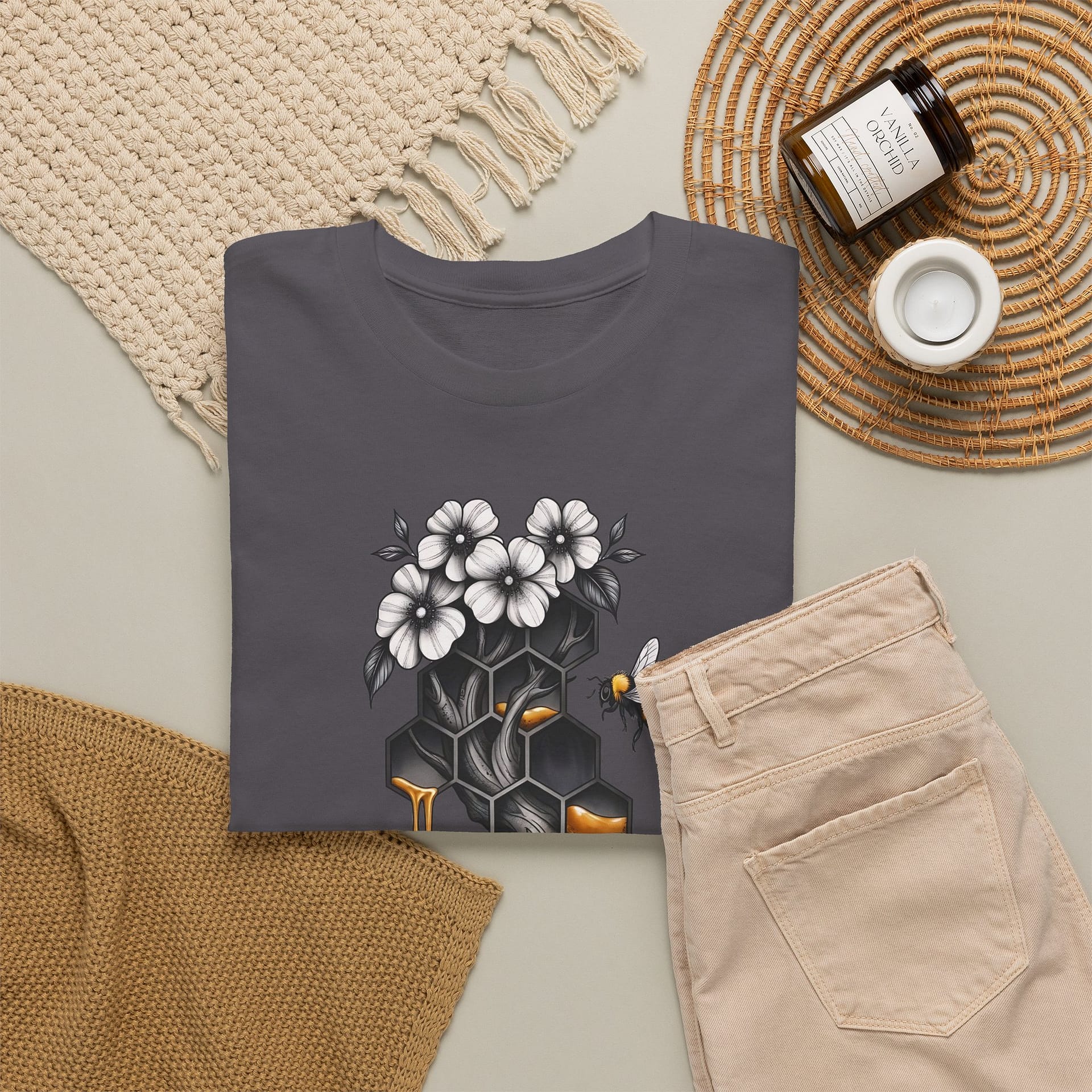 Honeycomb & Blossoms T-Shirt — Floral Bee Graphic Tee - Image 16