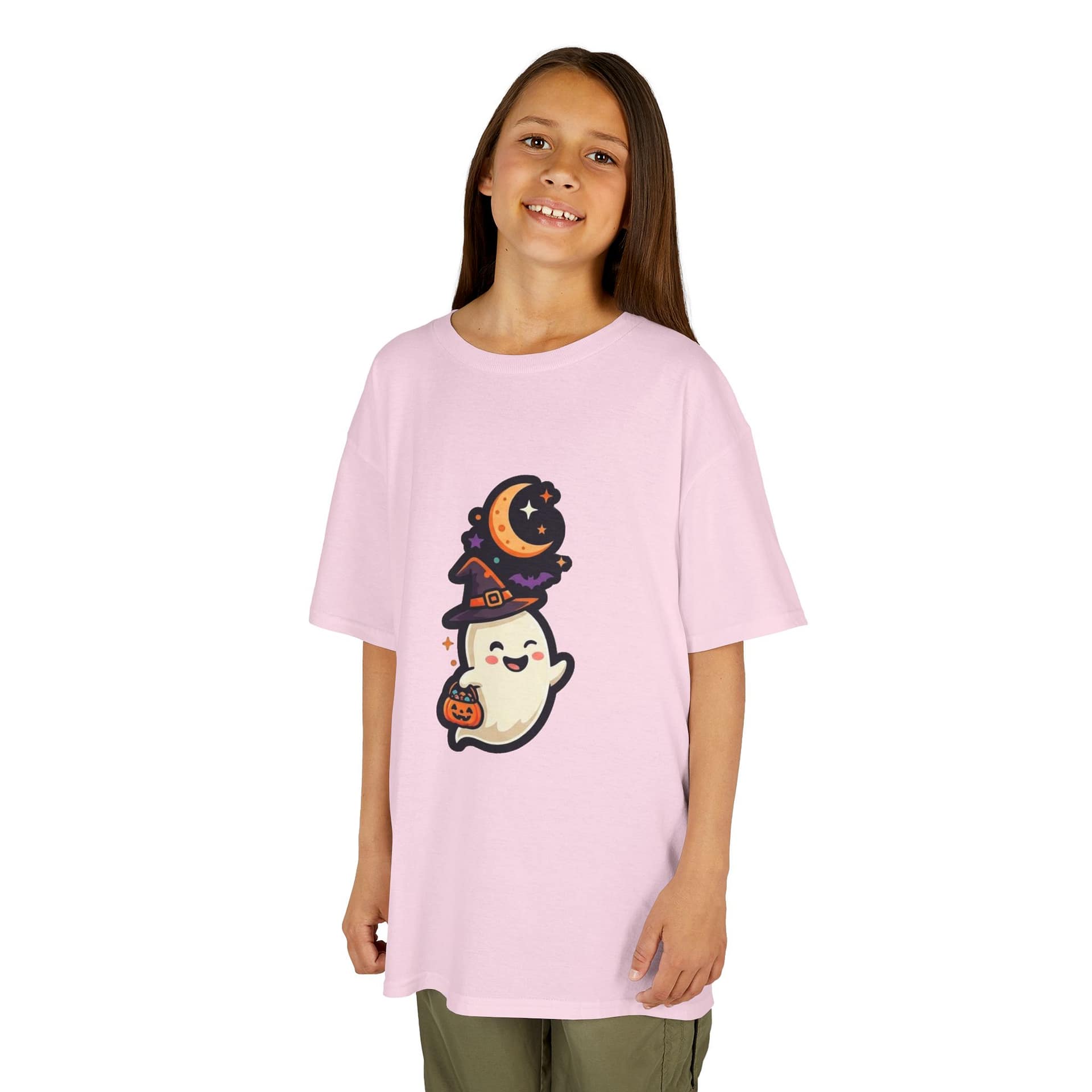 model wearing kids halloween ghost t‑shirt