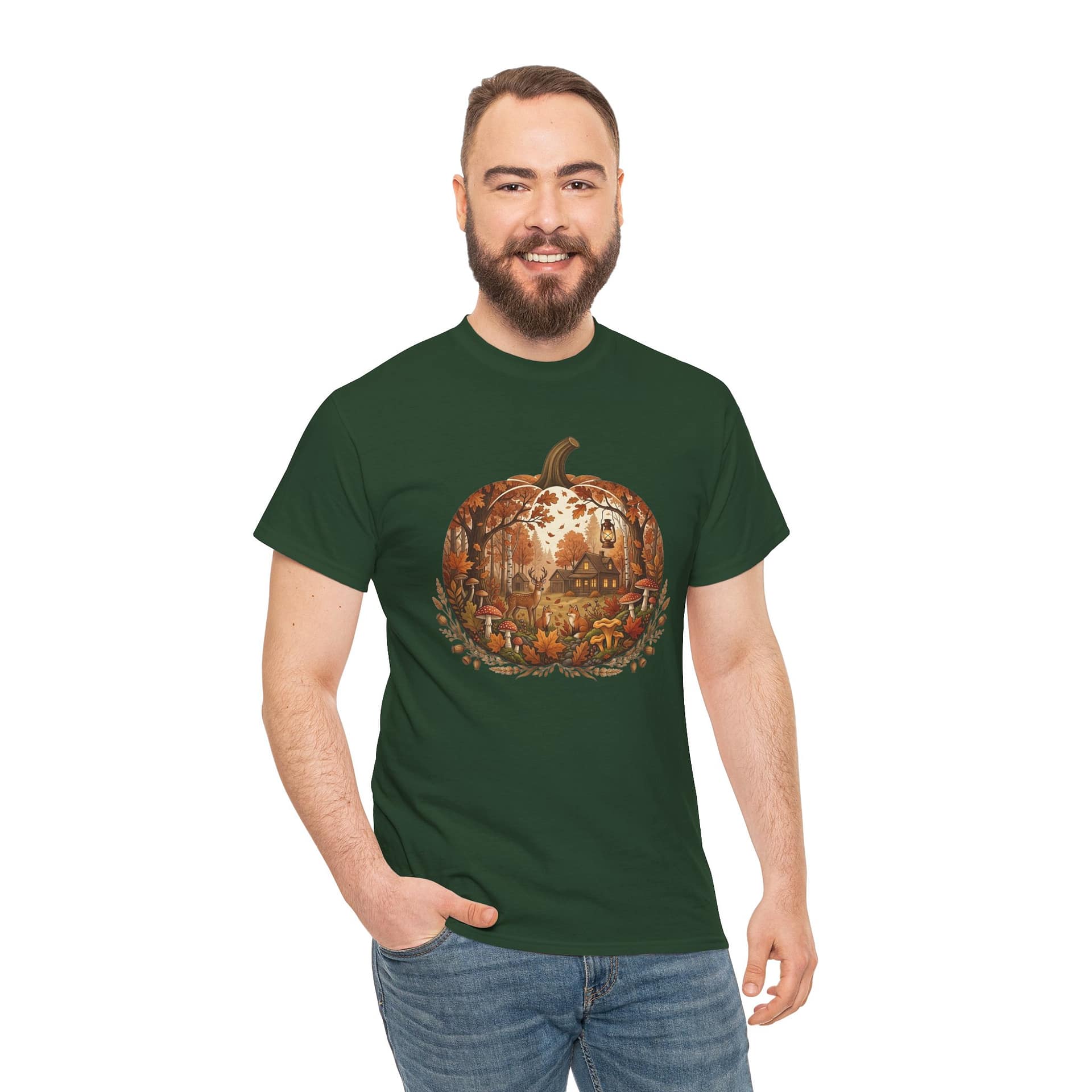 Model wearing Autumn Pumpkin Scene T‑Shirt with cosy fall pumpkin artwork