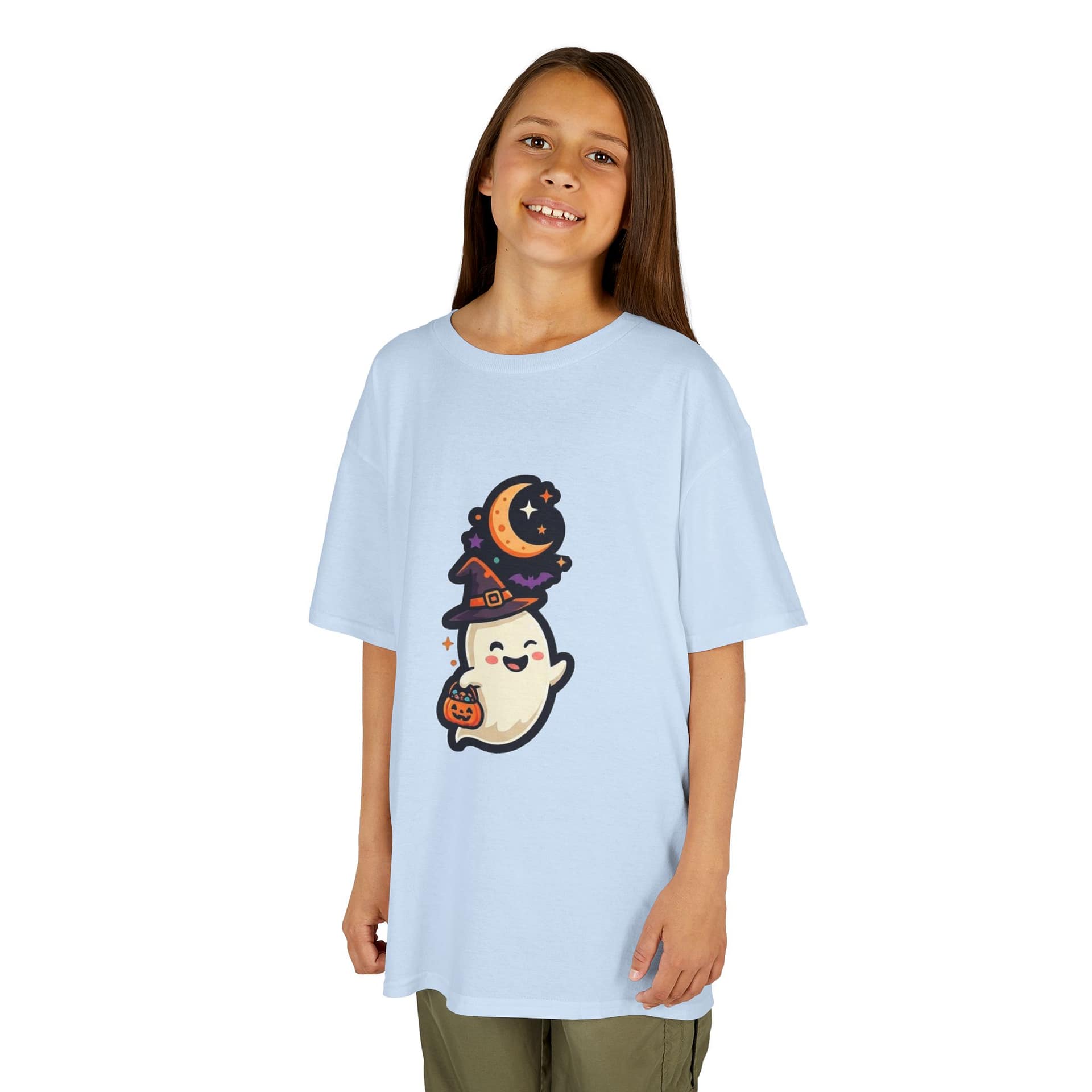 model wearing kids halloween ghost t‑shirt