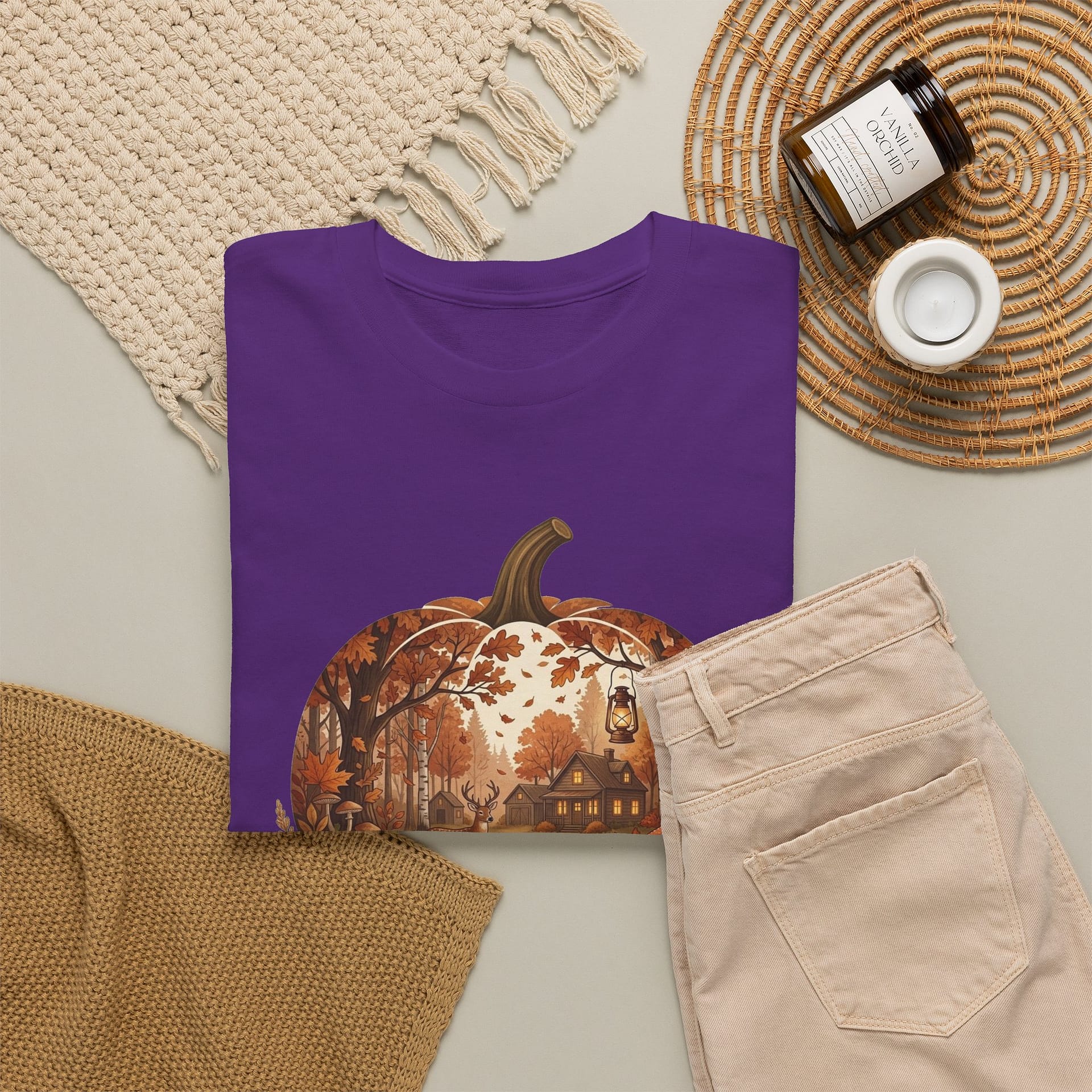 Flat lay of Autumn Pumpkin Scene T‑Shirt showing warm seasonal pumpkin design