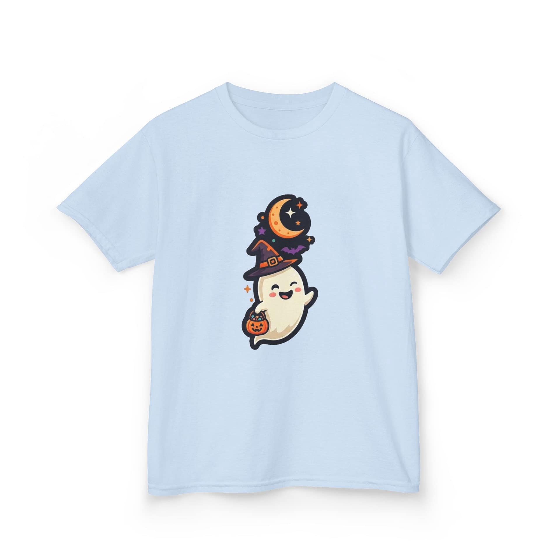 kids halloween ghost t‑shirt with witch hat and pumpkin design