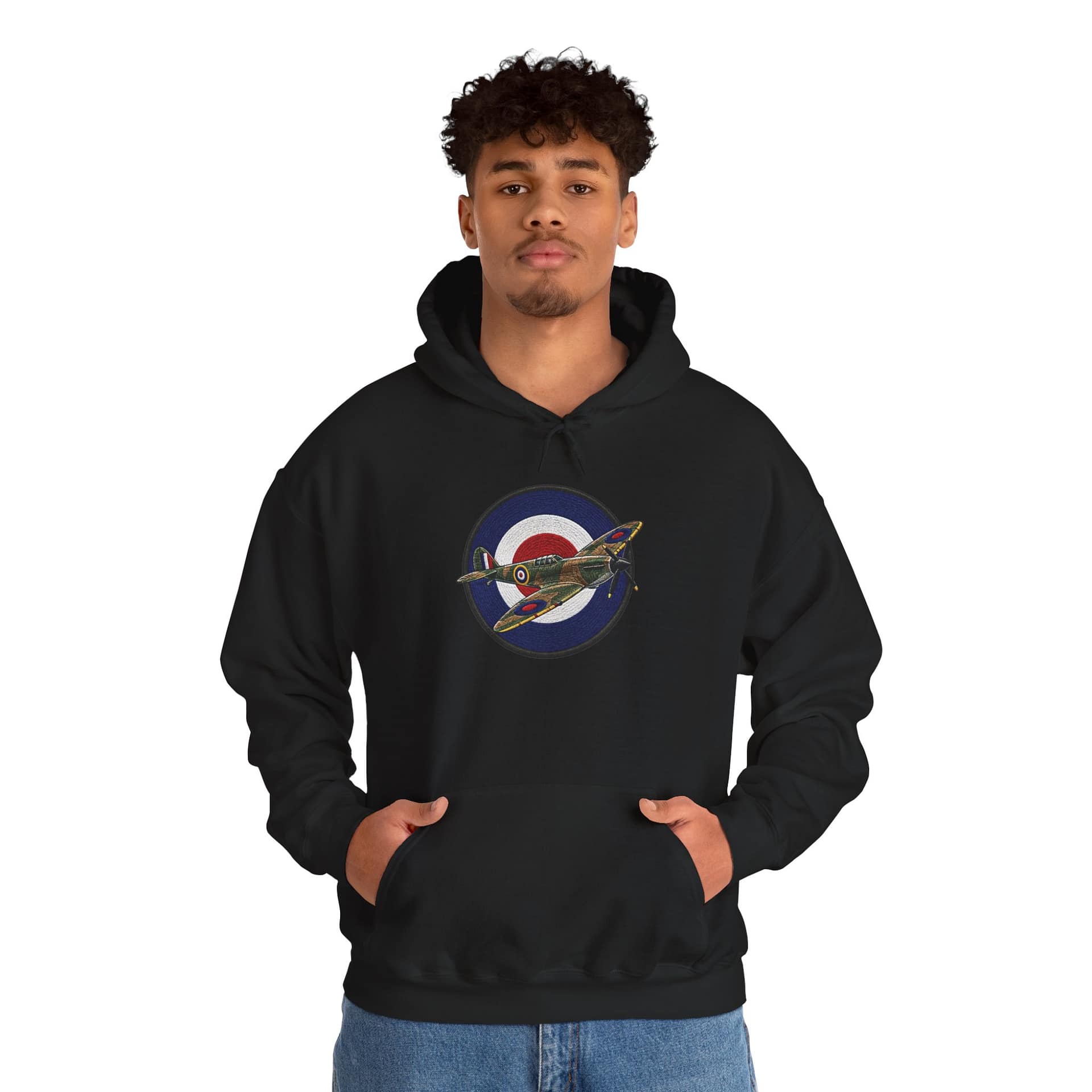 Model wearing Spitfire Vintage RAF Roundel Hoodie with WWII fighter plane artwork