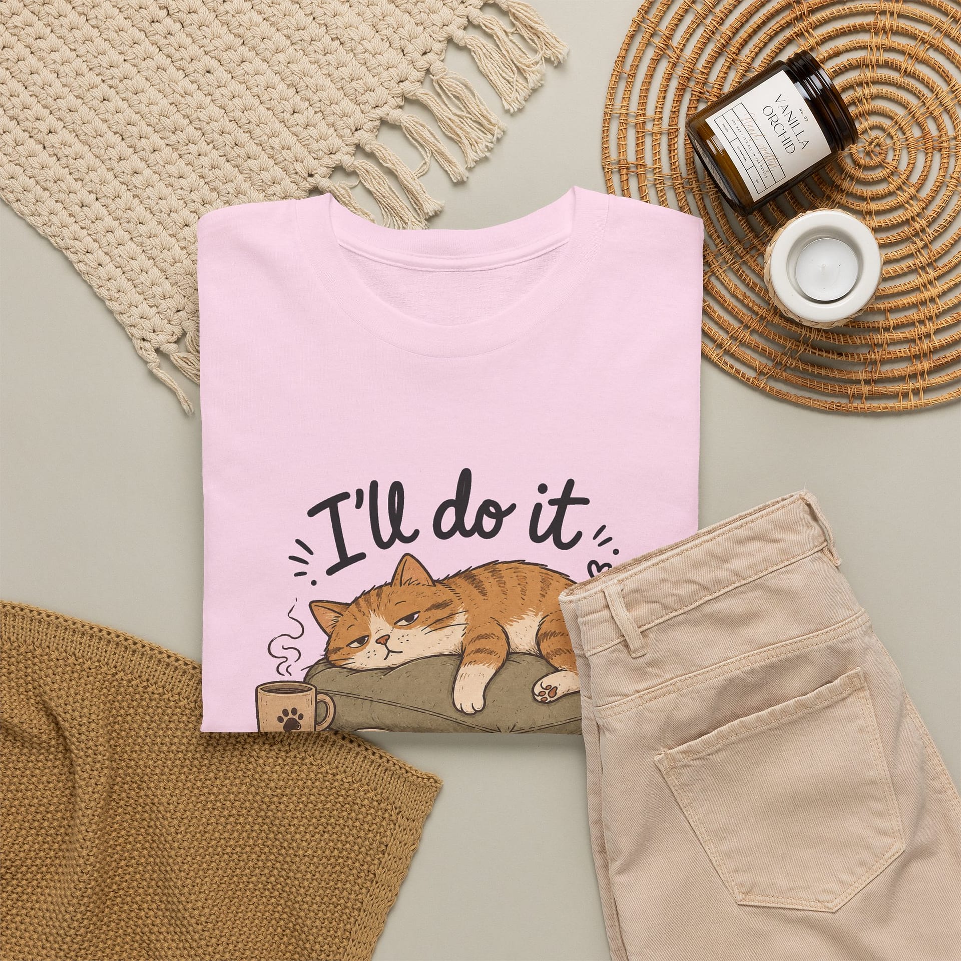 Lazy cat illustration printed on heavy cotton unisex T‑shirt
