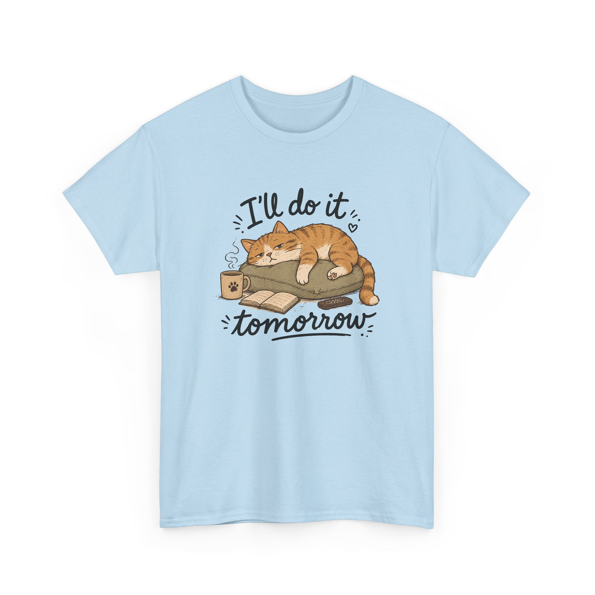 Funny lazy cat graphic saying I’ll Do It Tomorrow on soft cotton tee