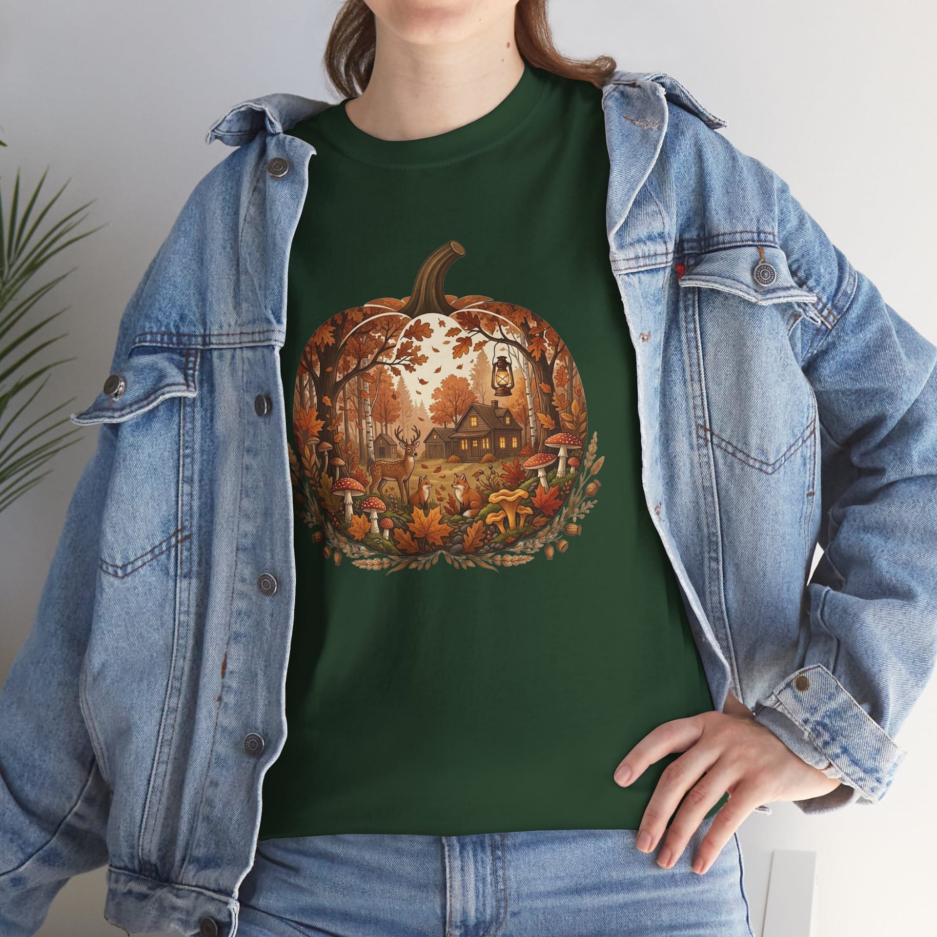 Autumn Pumpkin Scene T‑Shirt with warm fall colours and peaceful pumpkin illustration
