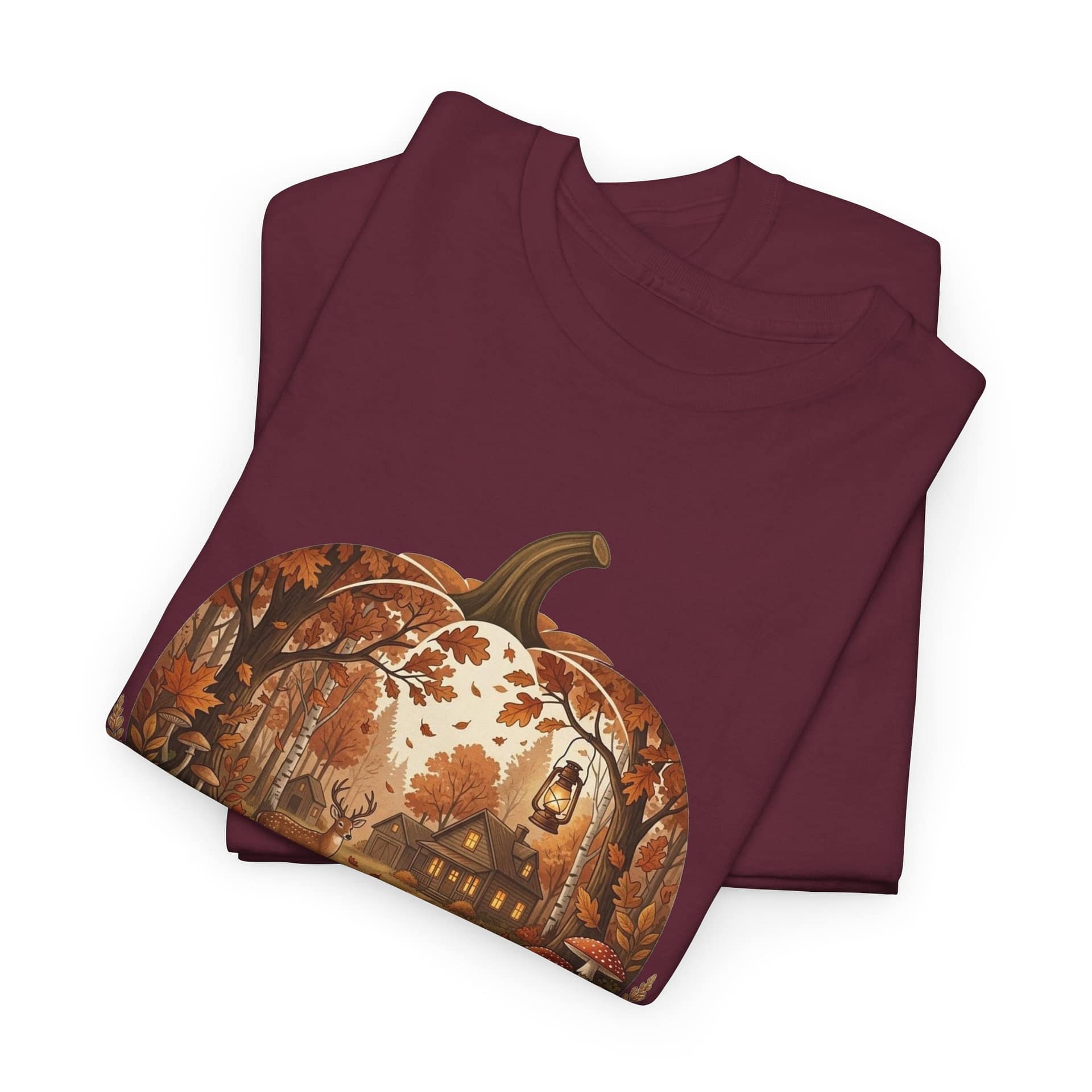 Flat lay of Autumn Pumpkin Scene T‑Shirt showing warm seasonal pumpkin design