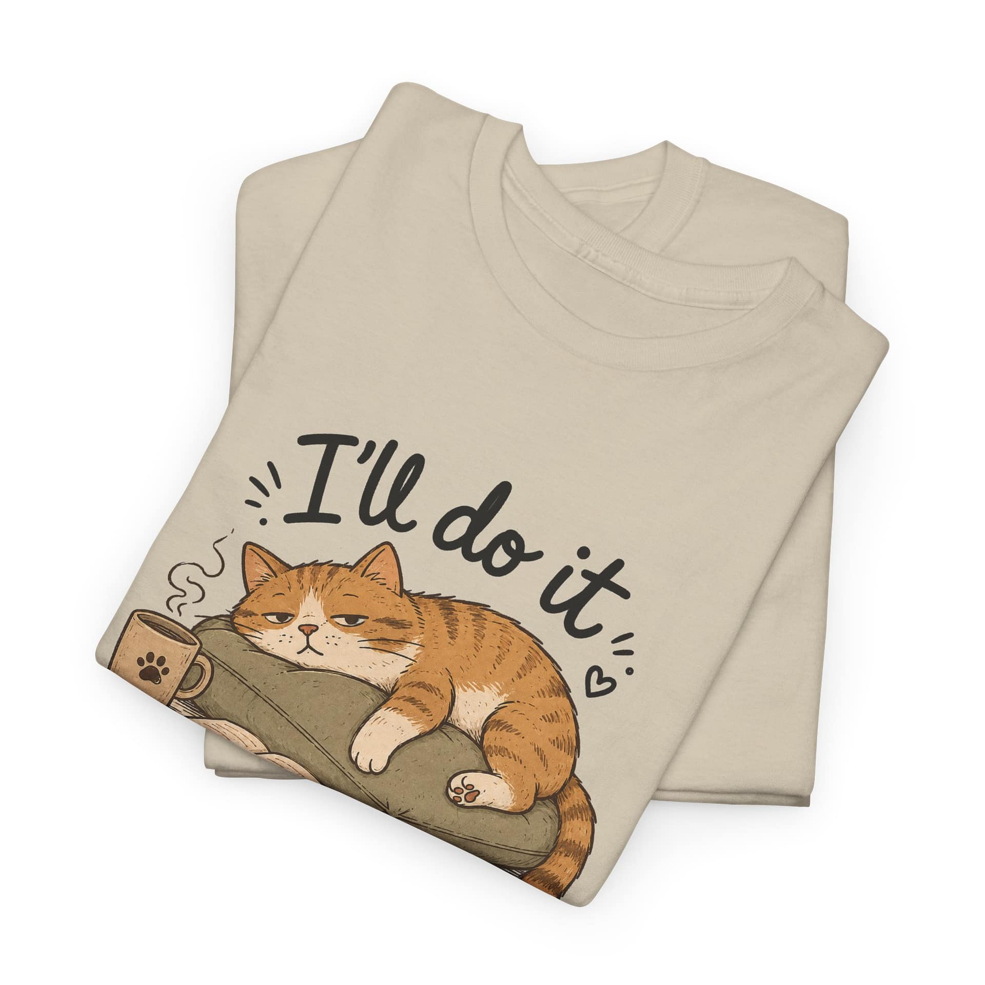 Lazy cat illustration printed on heavy cotton unisex T‑shirt