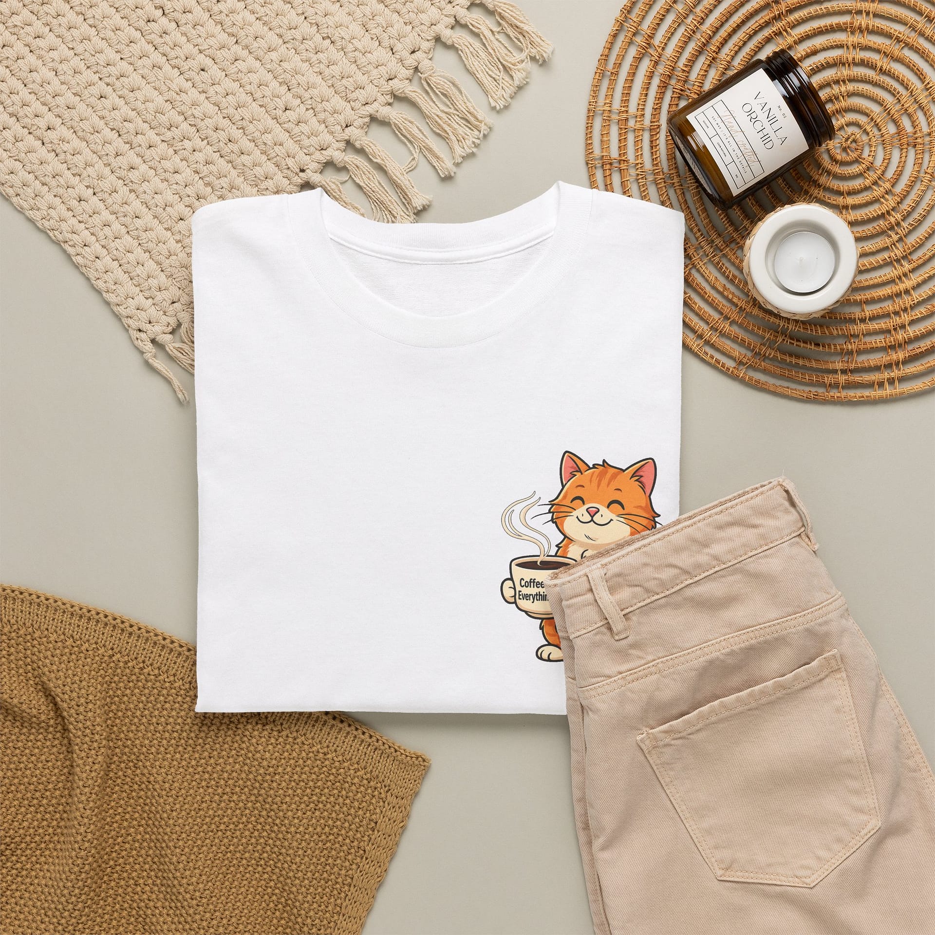 Cat with Coffee T‑Shirt — Cute Orange Kitty Holding Mug Graphic Tee - Image 4