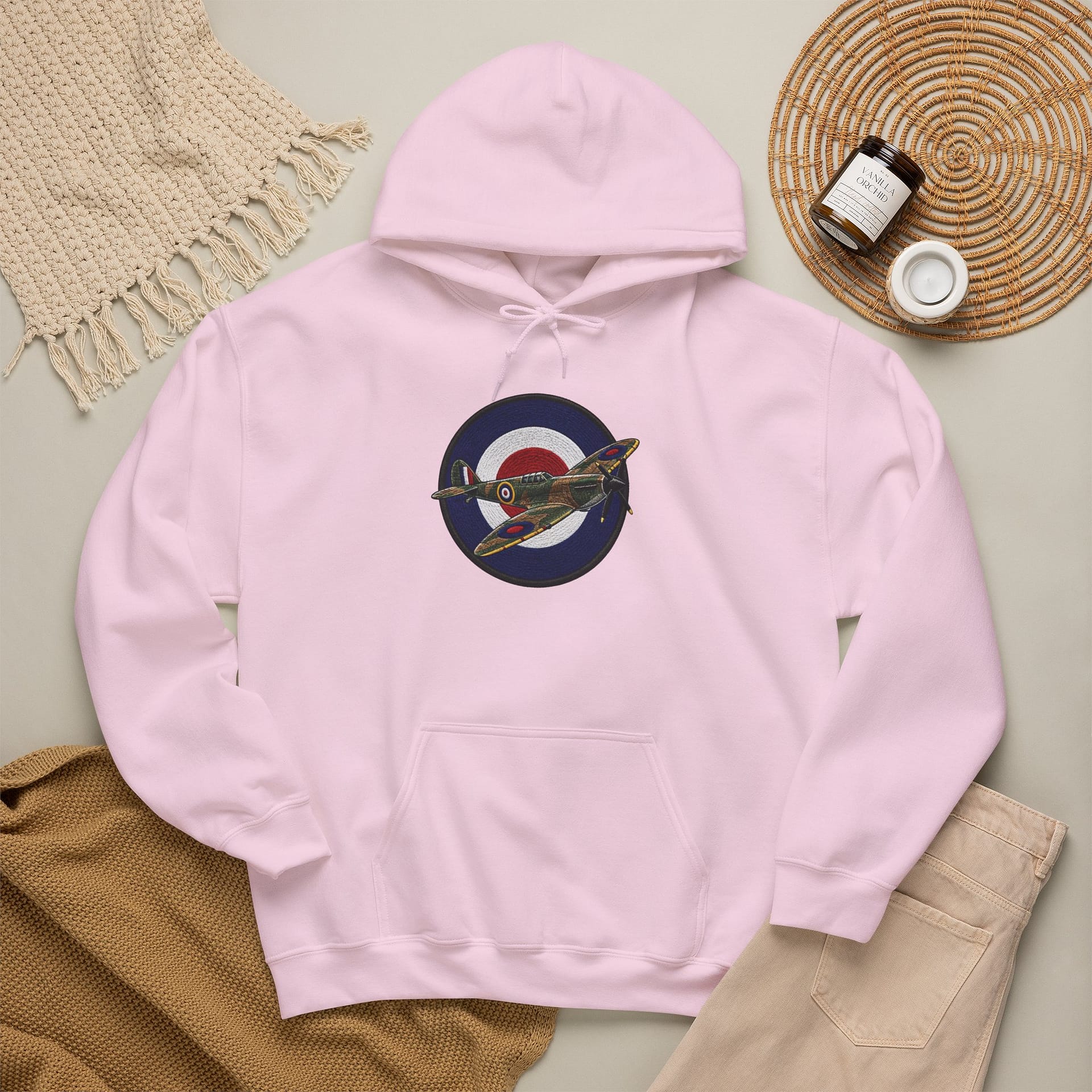 Spitfire Vintage RAF Roundel Hoodie flat lay showing retro aircraft design