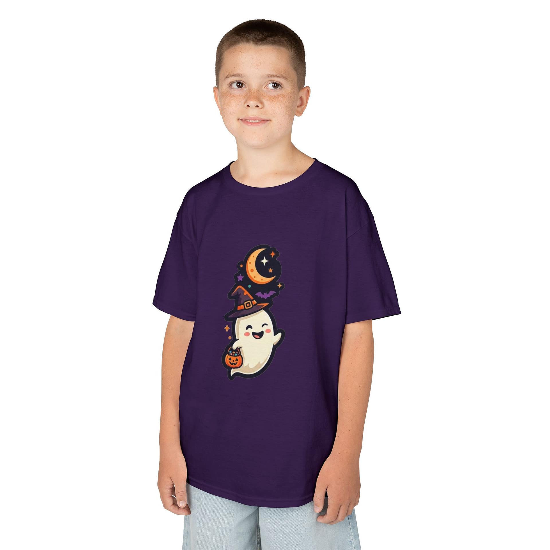 model wearing kids halloween ghost t‑shirt