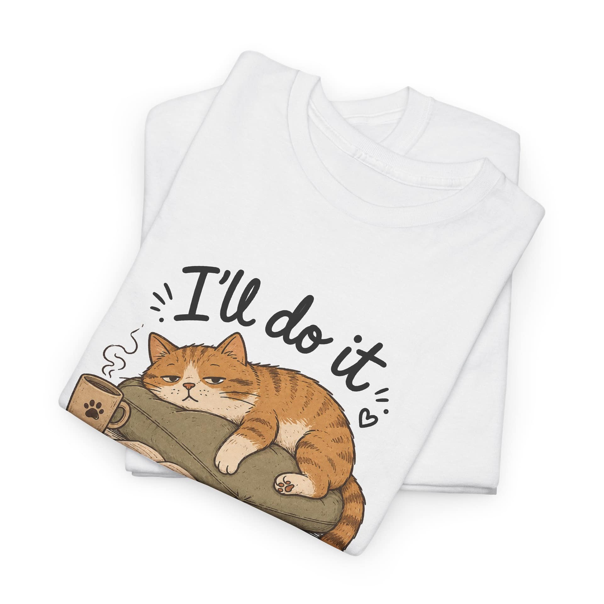Lazy cat illustration printed on heavy cotton unisex T‑shirt