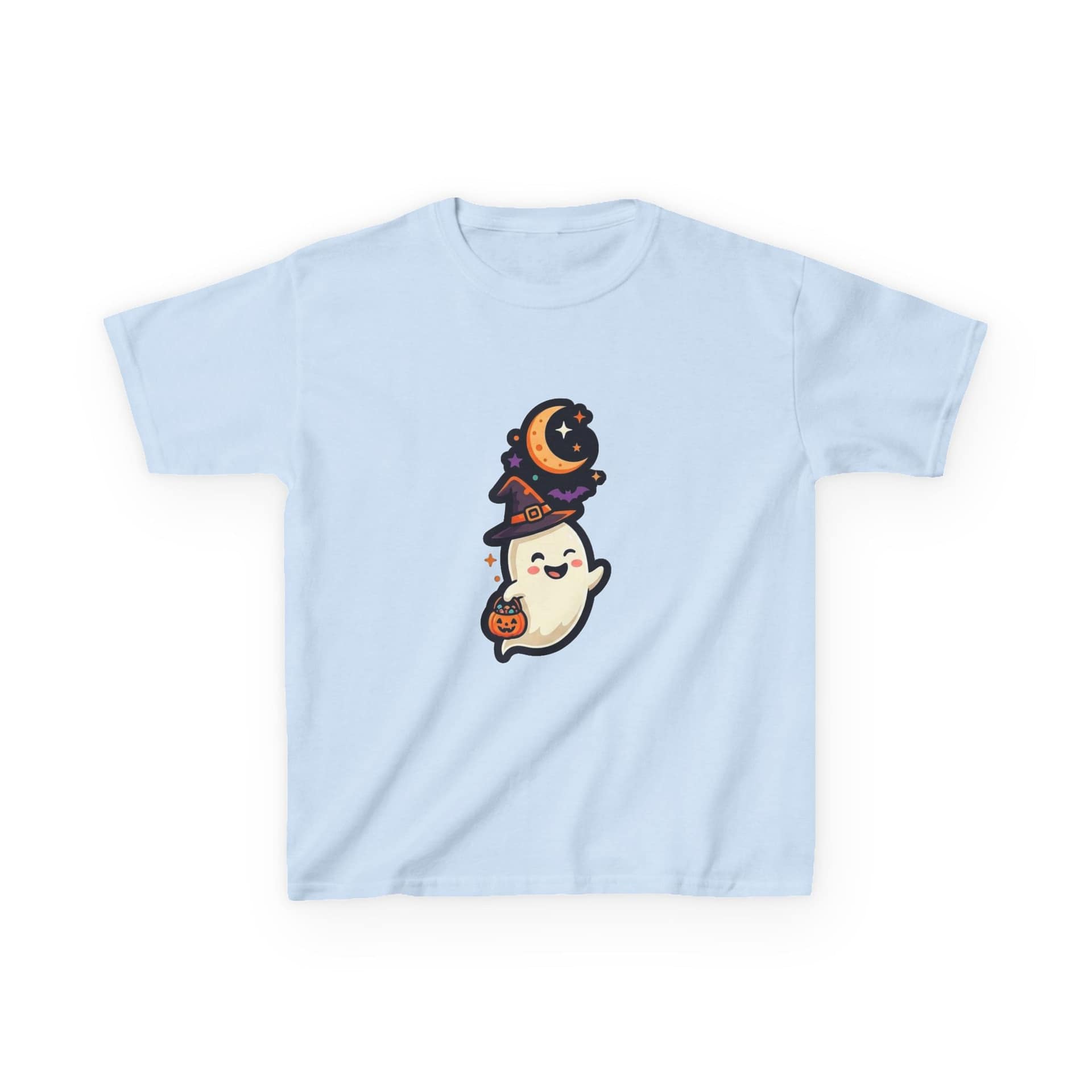 kids halloween ghost t‑shirt with witch hat and pumpkin design
