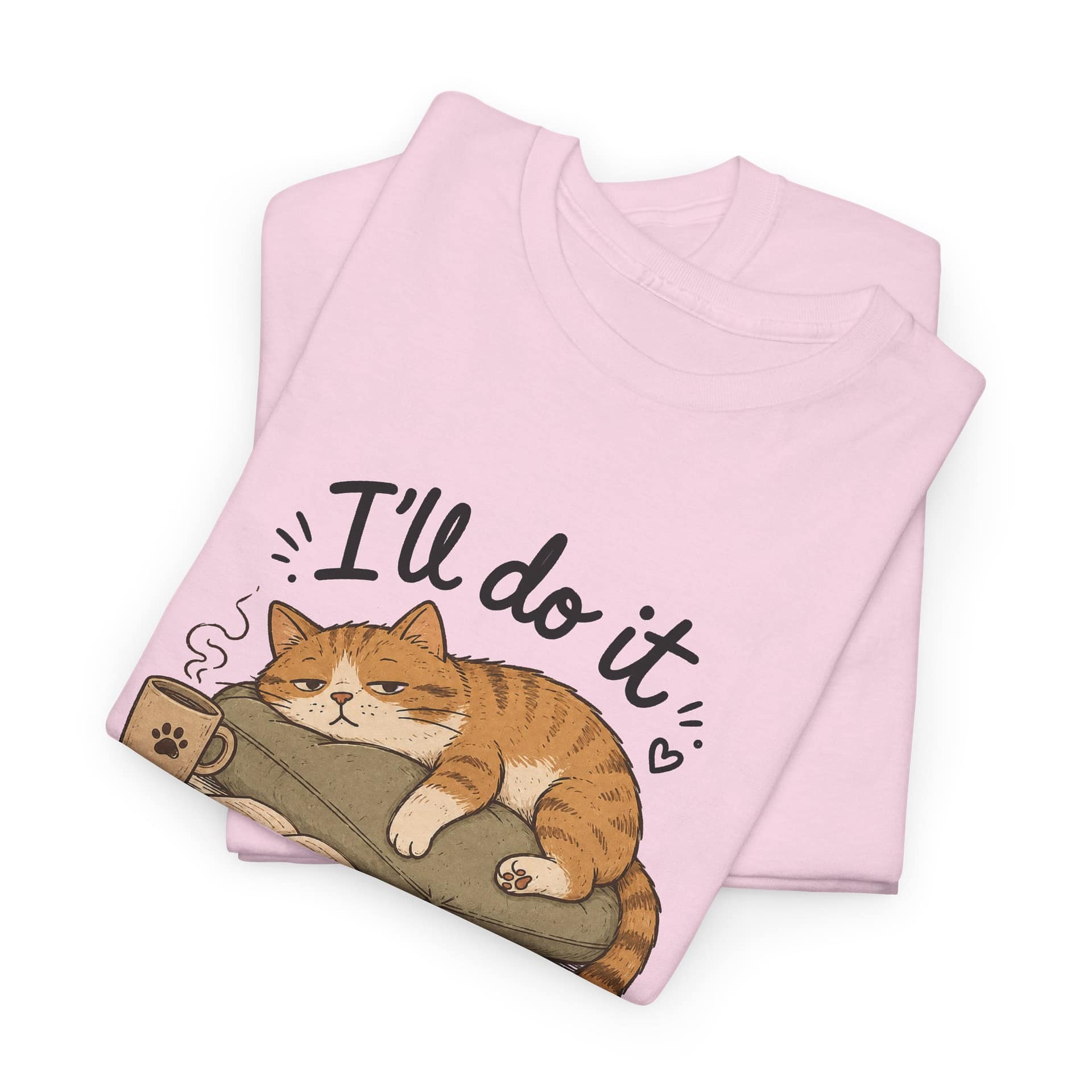 Lazy cat illustration printed on heavy cotton unisex T‑shirt