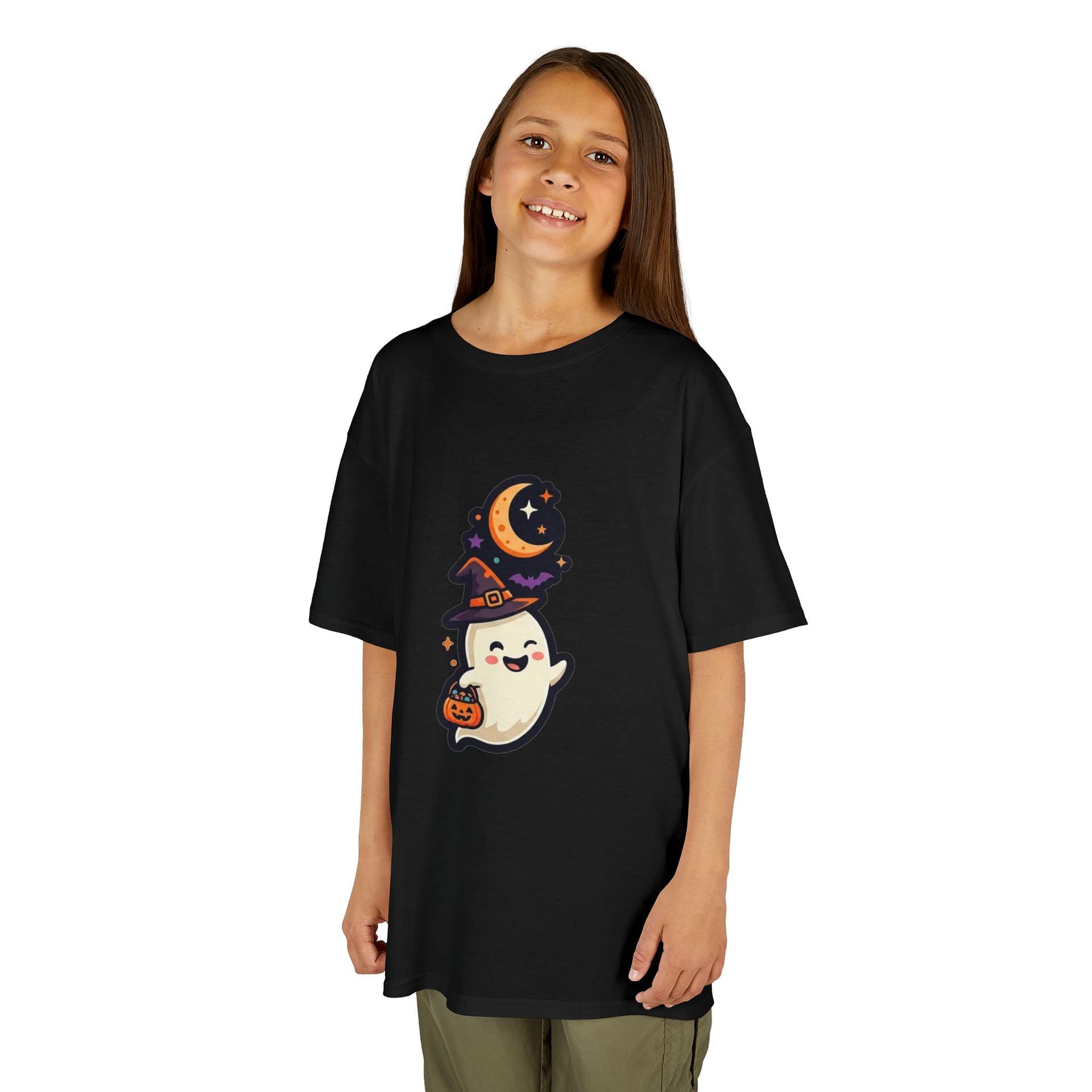 model wearing kids halloween ghost t‑shirt