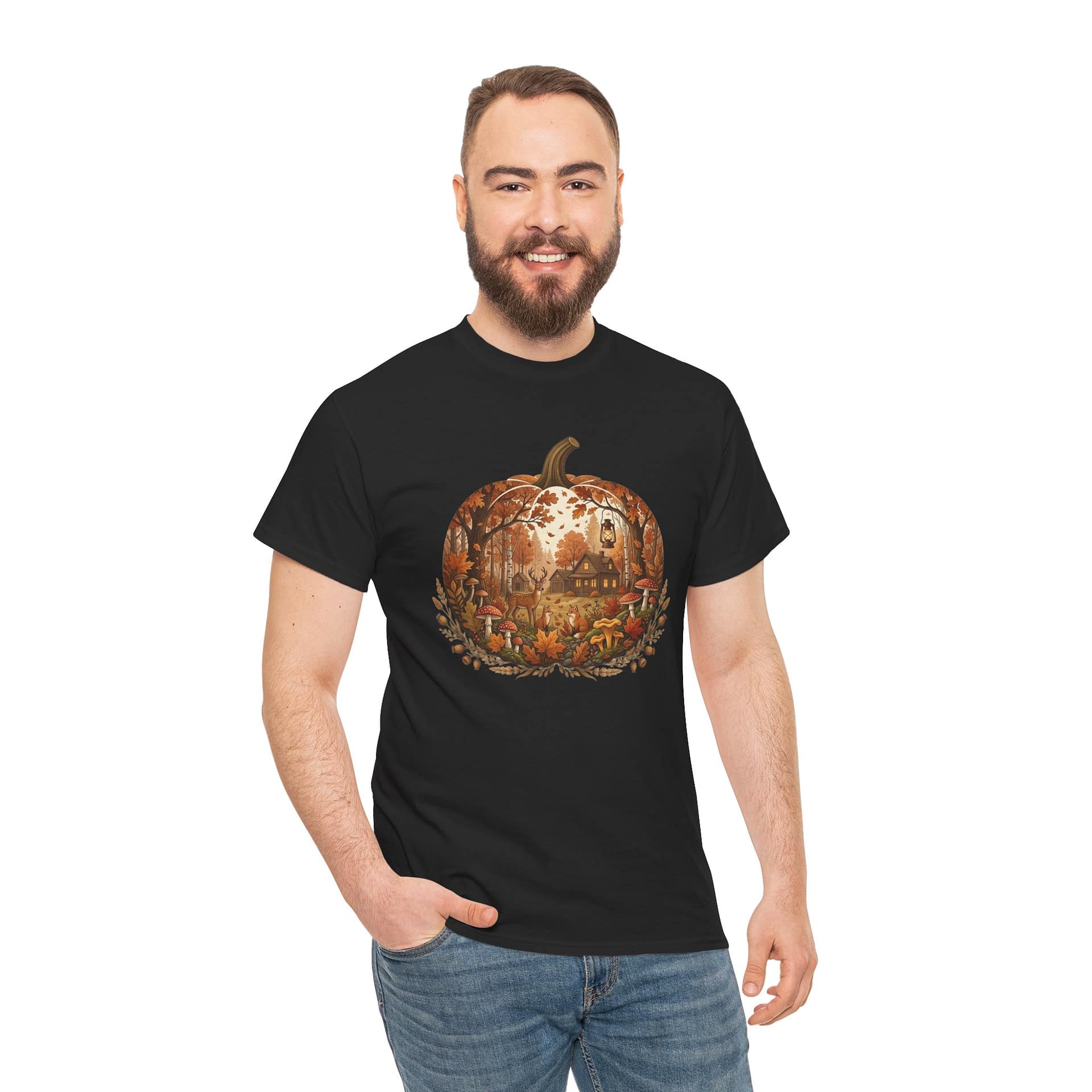 Model wearing Autumn Pumpkin Scene T‑Shirt with cosy fall pumpkin artwork