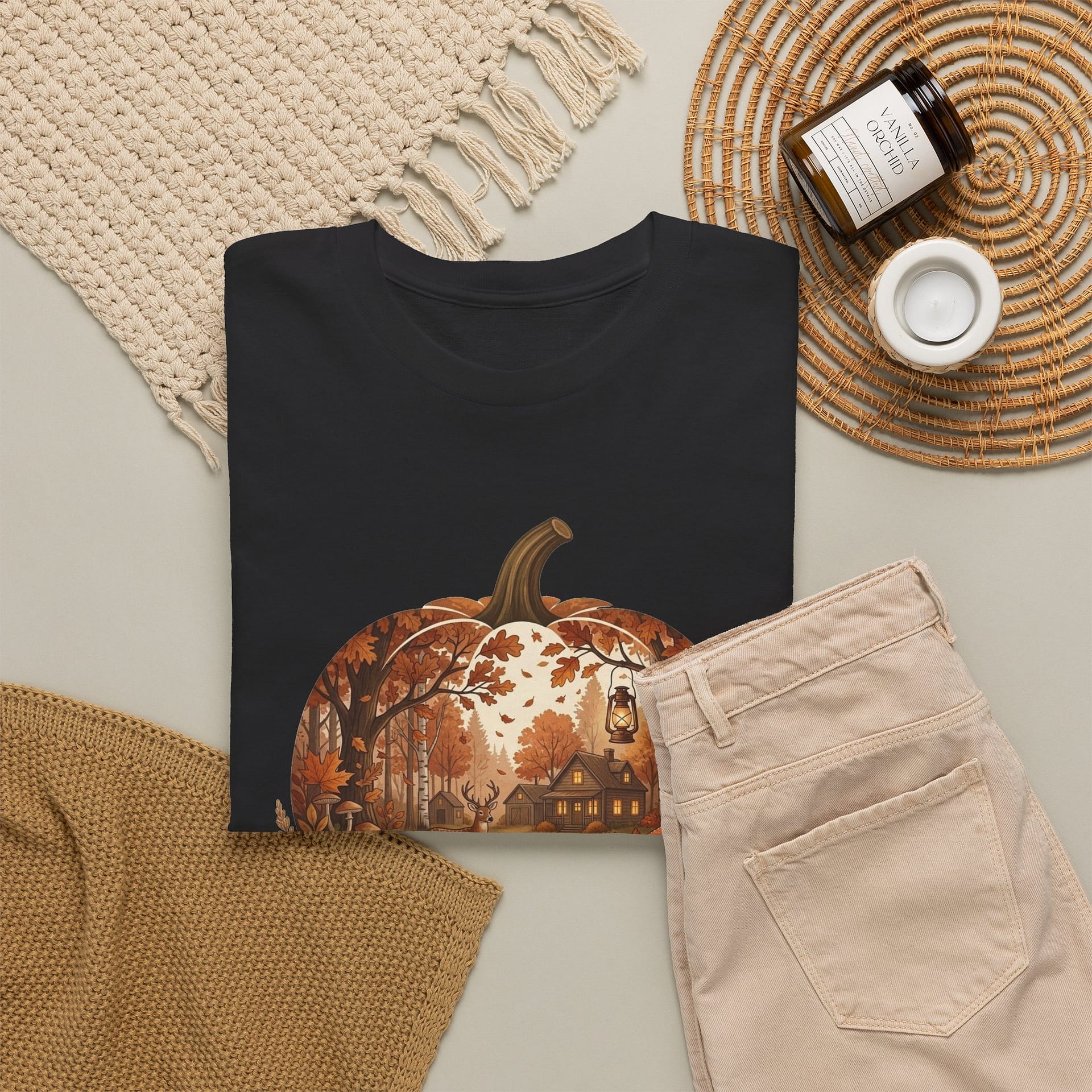 Flat lay of Autumn Pumpkin Scene T‑Shirt showing warm seasonal pumpkin design