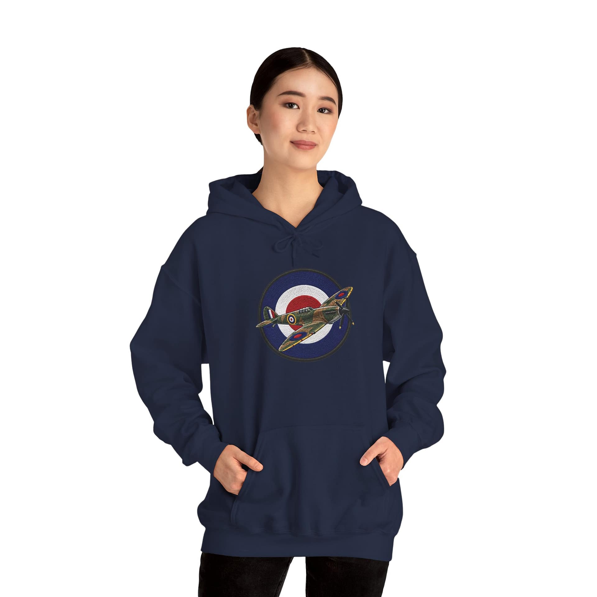 Model wearing Spitfire Vintage RAF Roundel Hoodie with WWII fighter plane artwork
